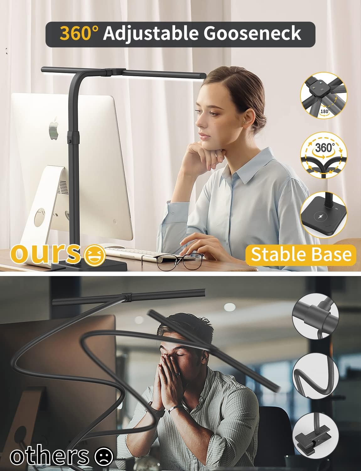 AKRRYR LED Desk Lamp for Home Office. Double Head 24W Desk Lamp with USB Charging Port & Wireless Charger