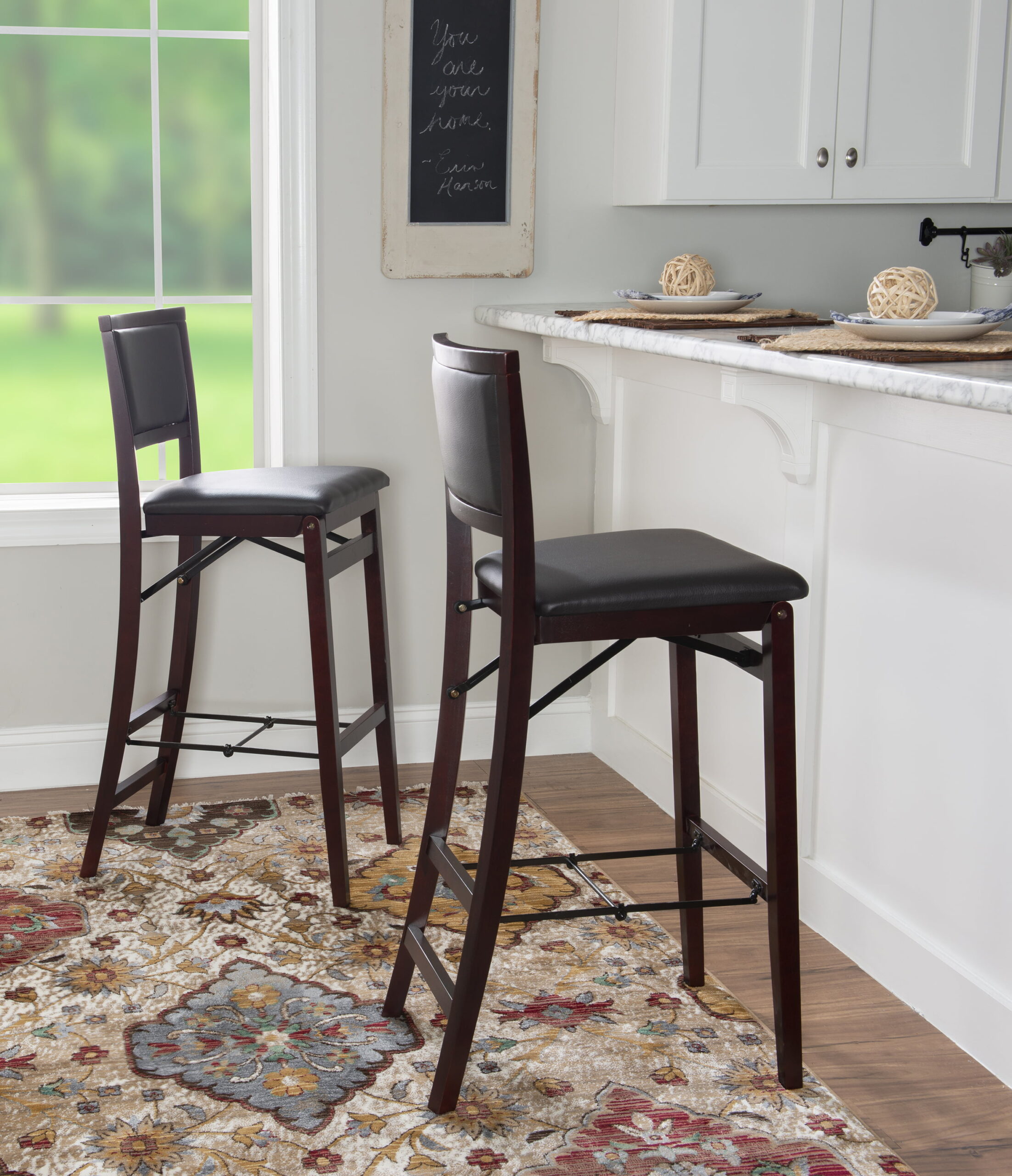 Linon Triena 30″ Folding Padded Back Bar Stool. Espresso with Dark Brown Faux Leather