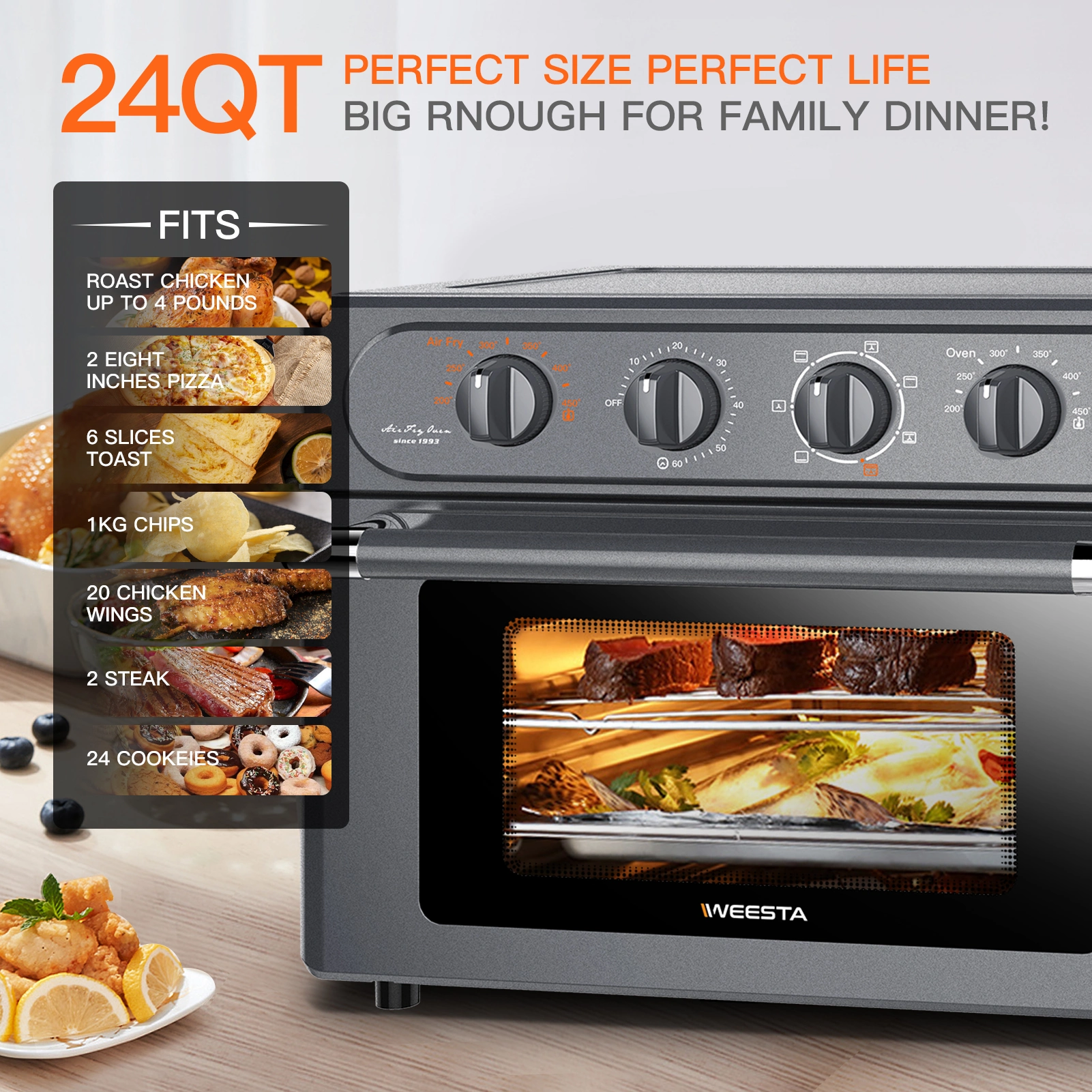 WEESTA Air Fryer Toaster Oven Combo. 24 QT Large Air Fryer. 7-in-1 Convection Toaster Oven with Air Fryer. Roast. Bake. Broil. Reheat. Large Toaster Oven. 5 Accessories & E-Recipes. UL Certified. Up to 450°F. 1500W. Black