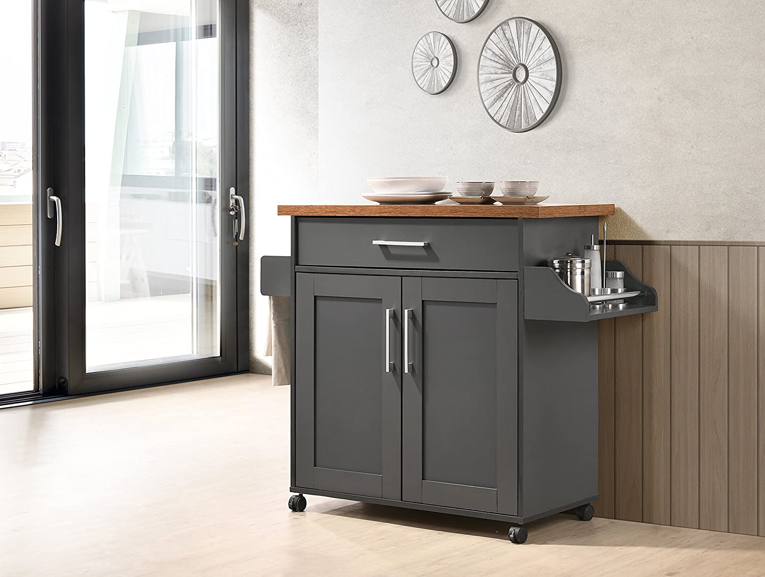 Hodedah Kitchen Island with Spice Rack. Towel Rack & Drawer. Grey with Oak Top