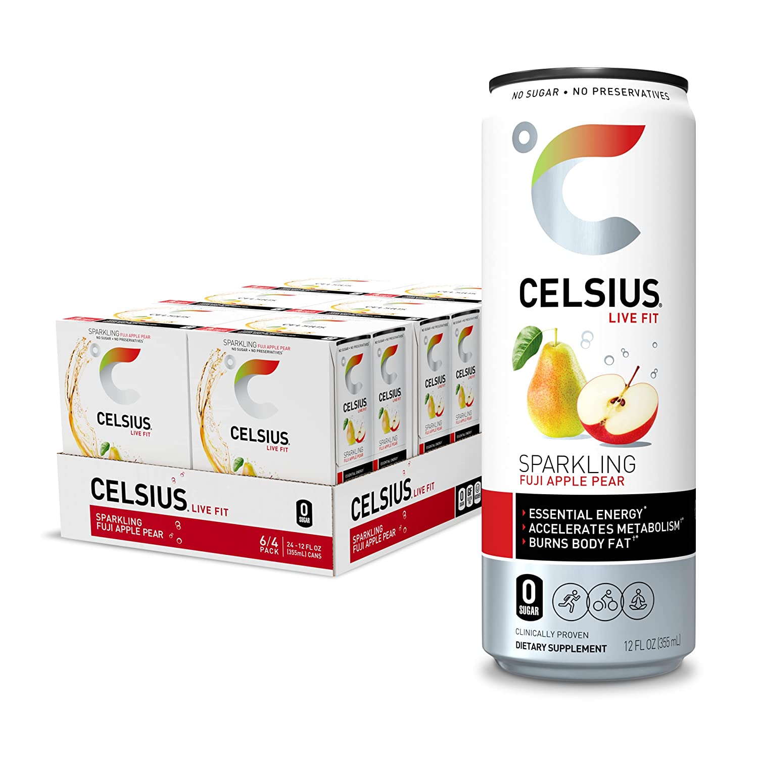 CELSIUS Essential Energy Drink 12 Fl Oz. Sparkling Fuji Apple Pear (Pack of 24)