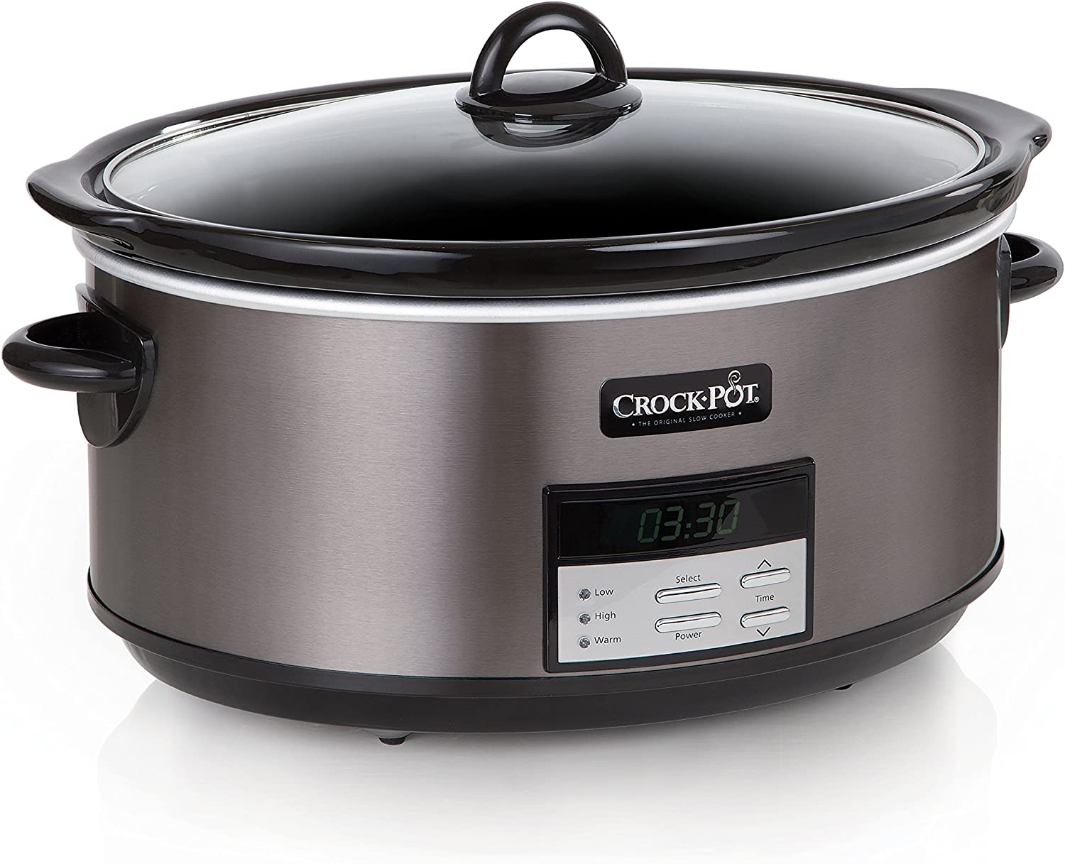 Crock-Pot 8 Quart Slow Cooker with Auto Warm Setting and Cookbook. Black Stainless Steel