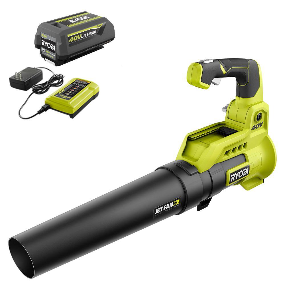RYOBI RY40480 40V 110 MPH 525 CFM Cordless Battery Variable-Speed Jet Fan Leaf Blower with 4.0 Ah Battery and Charger