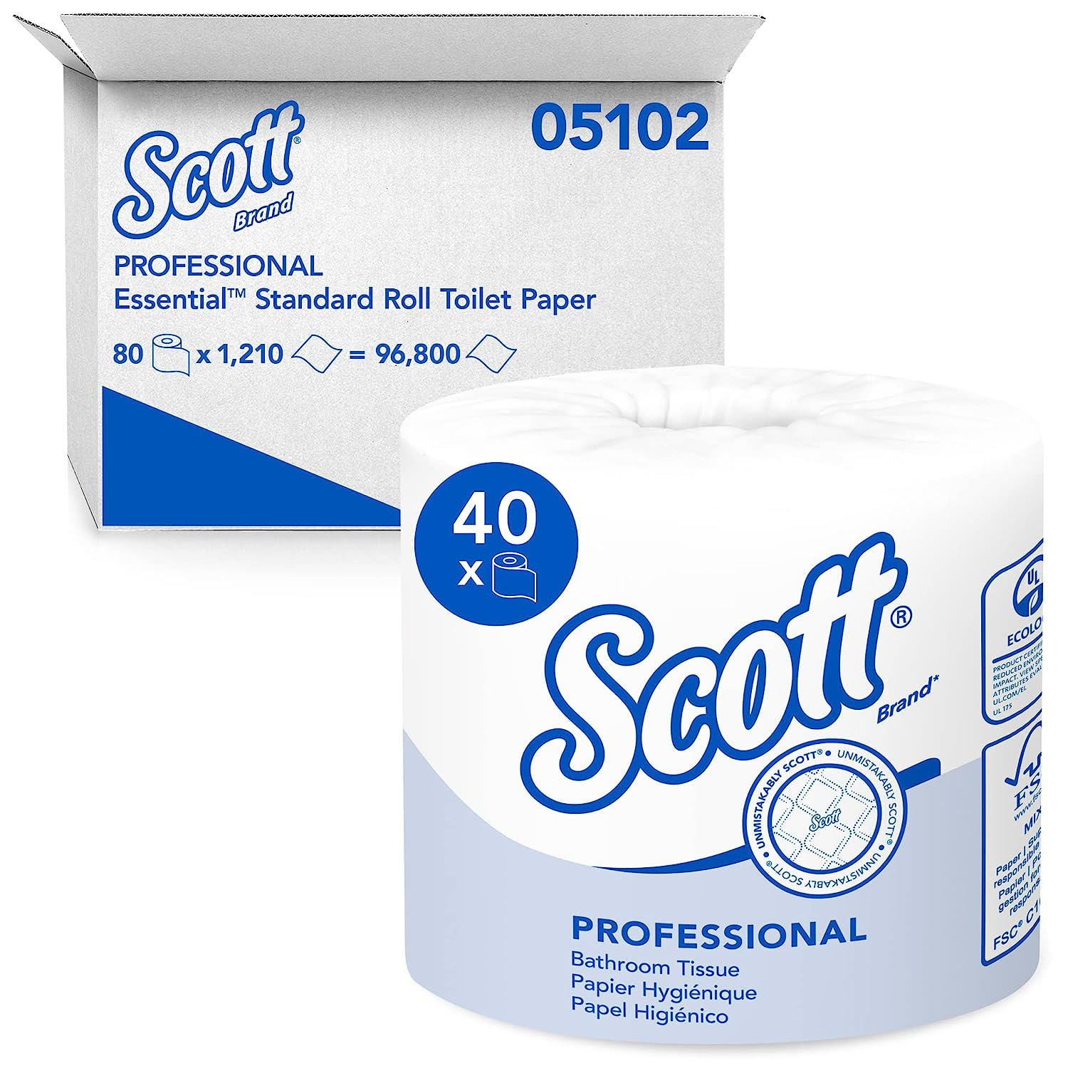 Scott 05102CT Standard Roll Bathroom Tissue. 1-Ply. 1210 Sheets per Roll (Case of 80 Rolls).White