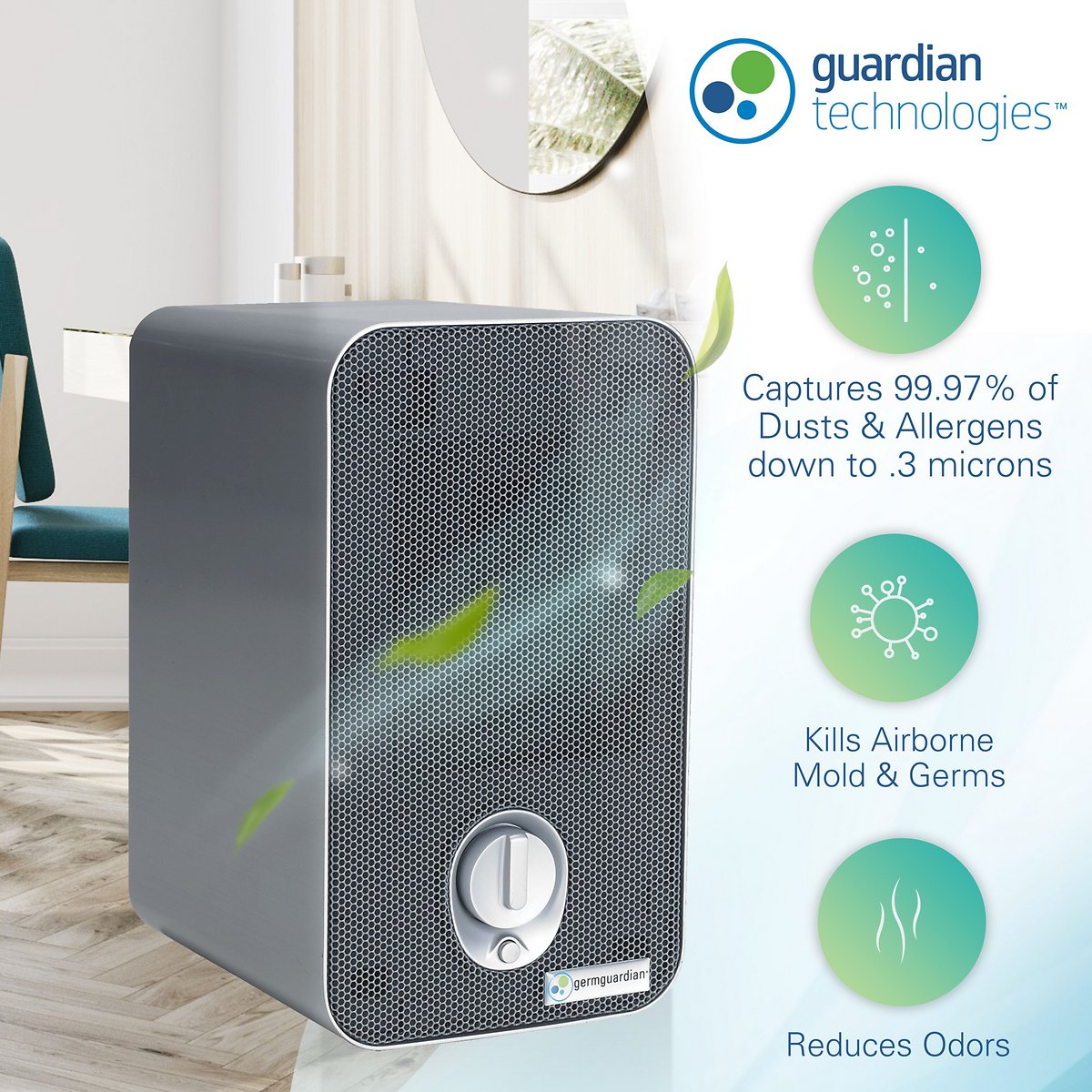 GermGuardian AC4100 3-in-1 Desktop Air Purifier. HEPA Filter. UVC Sanitizer. Home Air Cleaner Traps Allergens for Smoke. Odors. Mold. Dust. Germs. Smokers. Pet Dander. Germ Guardian Room Air Purifier