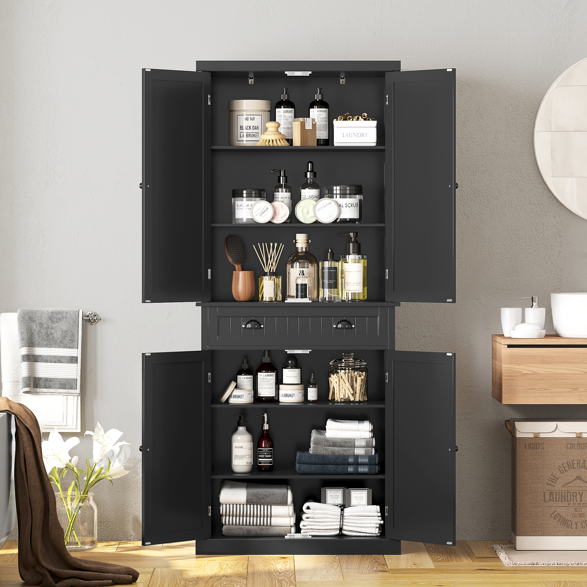 Function Home 72″ Kitchen Pantry Cabinet. Tall Storage Cabinet. Freestanding Cupboard with Drawer and Adjustable Shelves. Pantry Cabinets for Kitchen Bathroom Living Room. Black