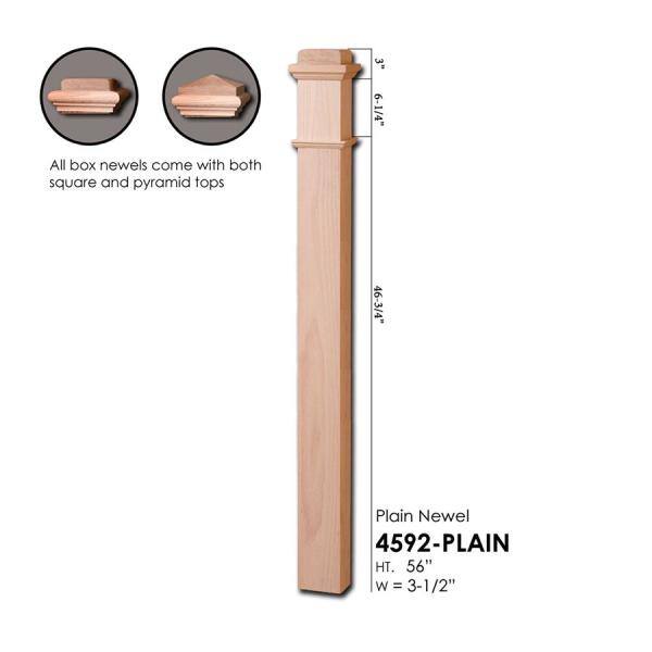 HOUSE OF FORGINGS RO-4592-PLAIN 56 in. x 3-1/2 in. Red Oak Contemporary Style Wood Box Newel Post