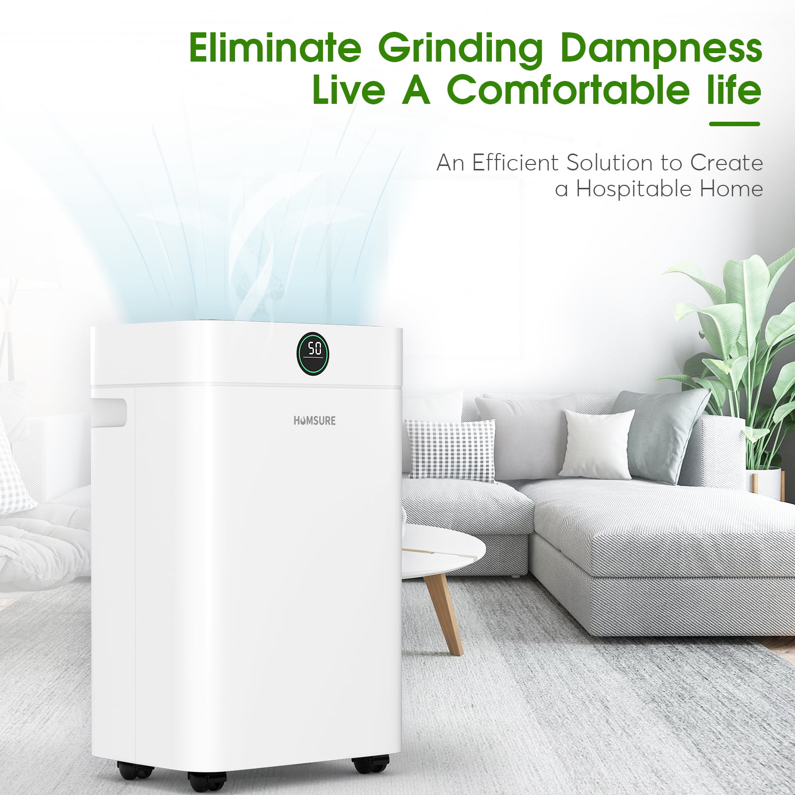 HUMSURE 50 Pint Dehumidifier 3000 Sq.Ft Room. for Basements with Drain Hose. Ideal for Large&Medium Sized Bathroom and Bedroom (White)