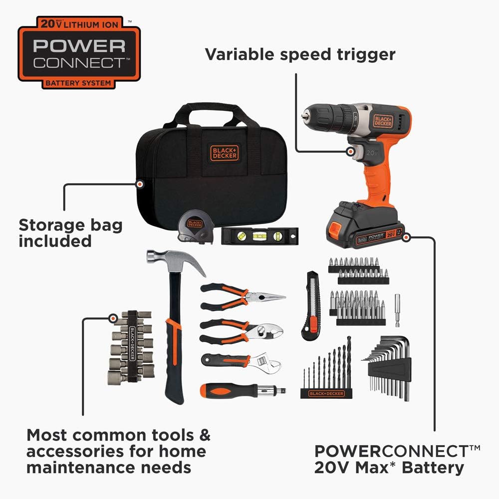 BLACK+DECKER Home Tool Kit with 20V MAX Drill/Driver. 83-Piece (BDPK70284C1AEV)
