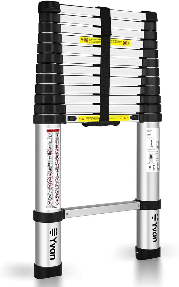 Yvan ‎TL-S180001 Telescoping Ladder.12.5 FT One Button Retraction Aluminum Telescopic Extension Extendable Ladder.Slow Down Design Multi-Purpose Ladder for Household Daily or Hobbies.250 Lb Capacity