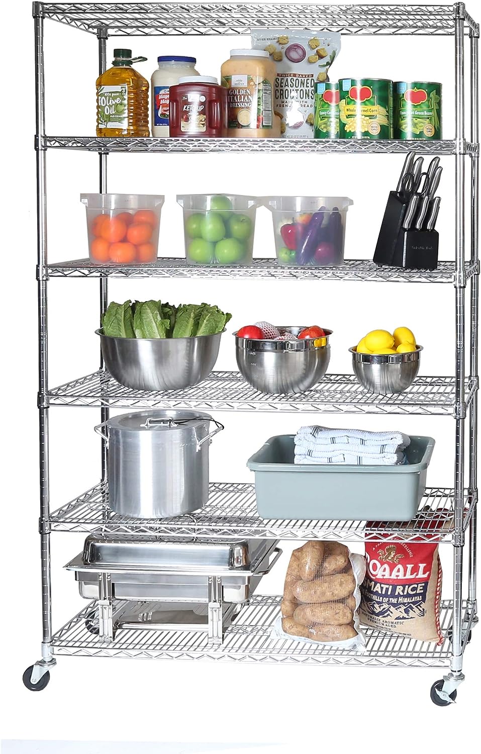 Seville Classics UltraDurable Heavy Duty NSF Solid Steel Wire Rack Storage Unit Wheels. 6-Tier Shelving. 48″ W x 18″ D