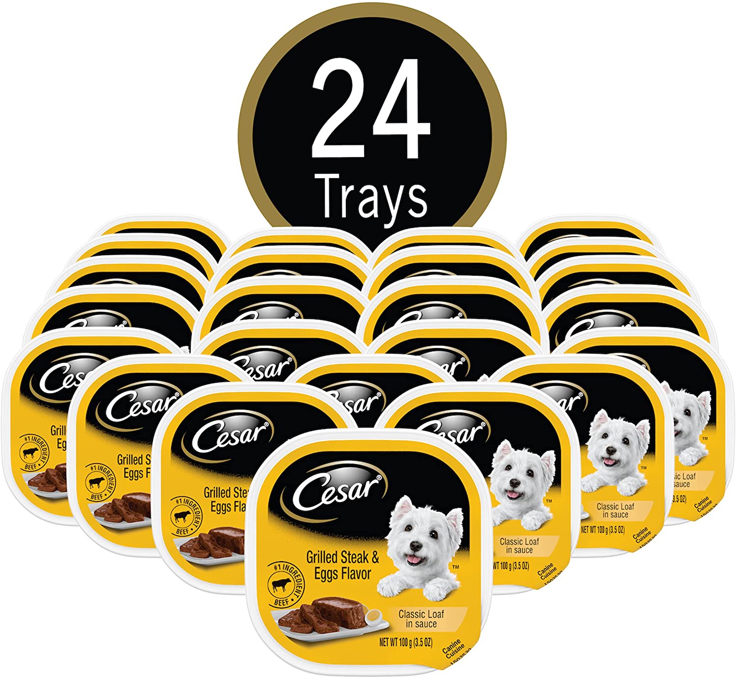 CESAR Soft Wet Dog Food Classic Loaf in Sauce Grilled Steak and Eggs Flavor. 3.5 oz. Easy Peel Trays Pack of 24