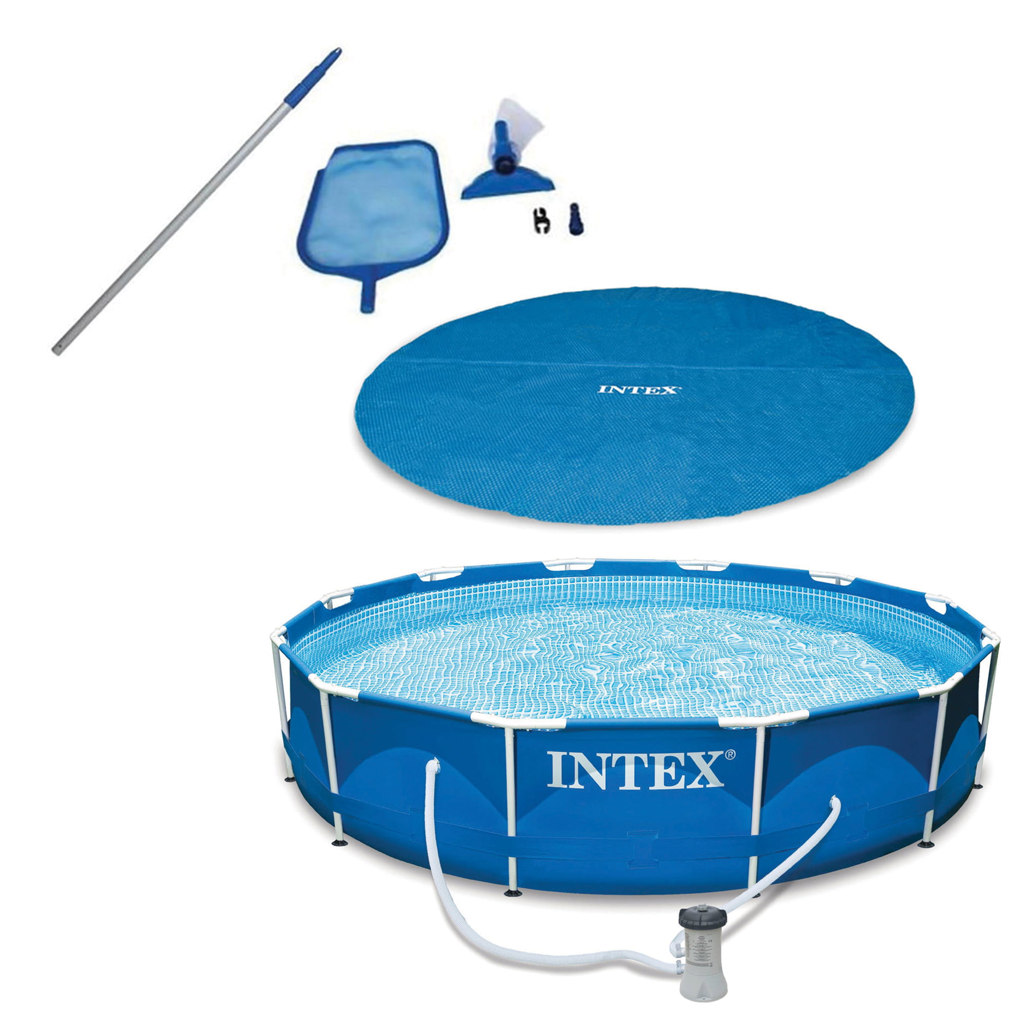 Intex 12 Ft Pool Cover Tarp. Cleaning Kit. and Above Ground Swimming Pool
