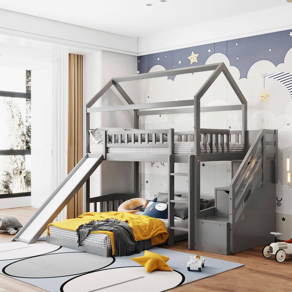 Harper&Bright Designs  Gray Twin Over Twin Wood House Bunk Bed with 2-Drawers. Stairs and Slide