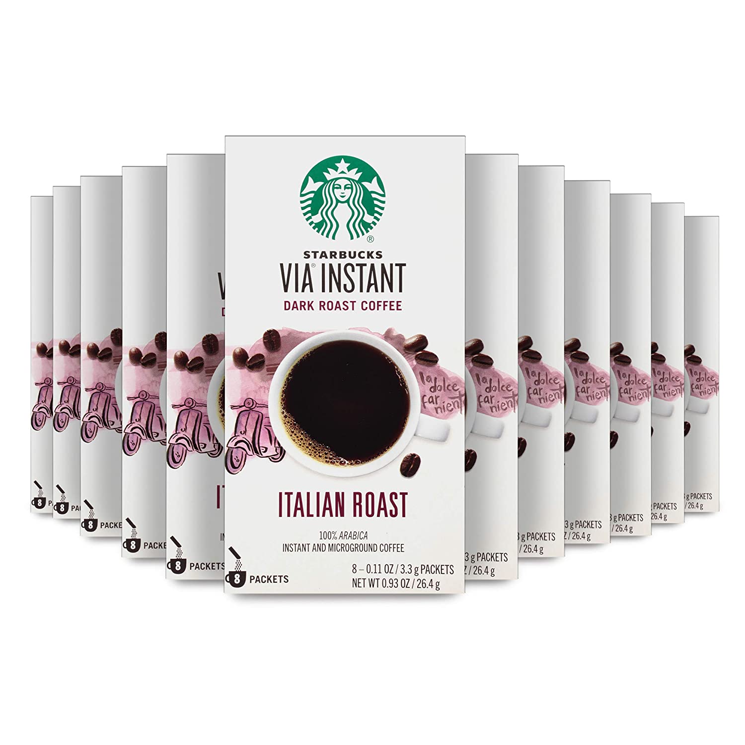 Starbucks VIA Instant Coffee Dark Roast Packets Italian Roast. 100% Arabica - 8 Count (Pack of 12)