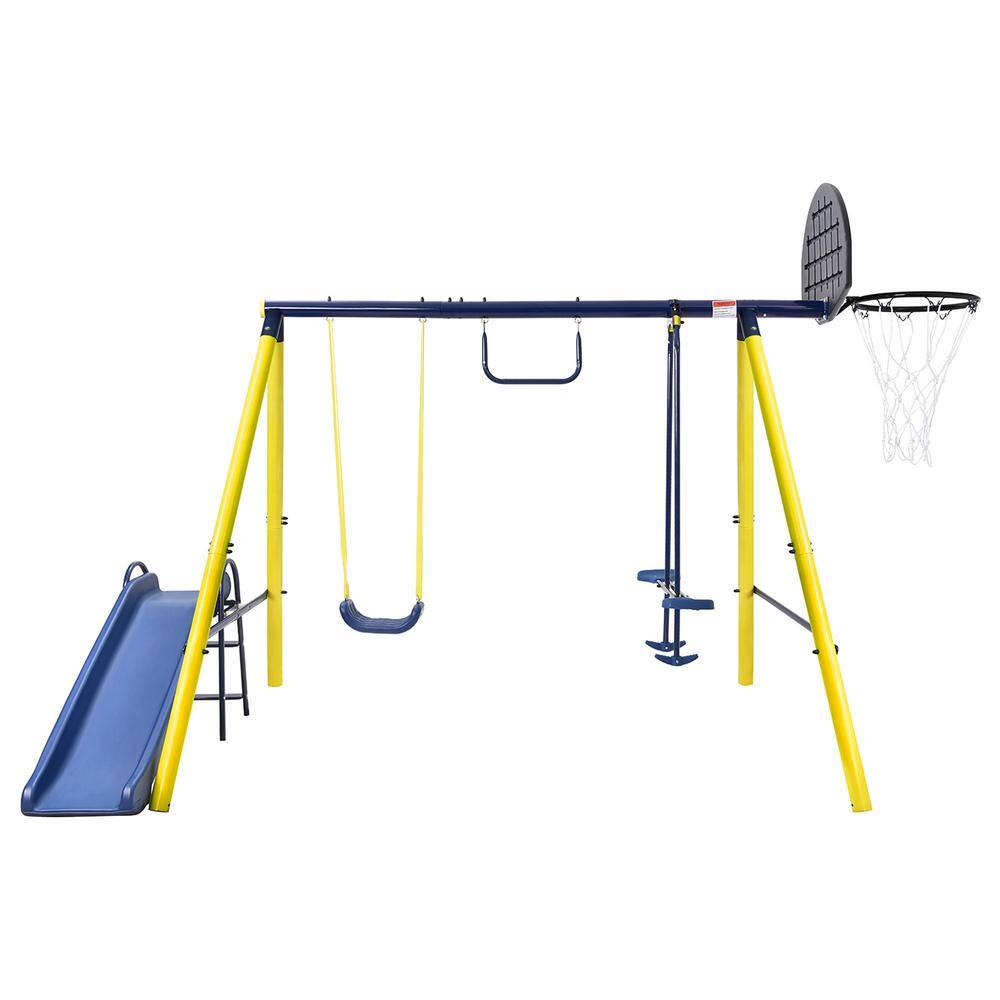 LN20232278 Metal Outdoor Swing Set with Climbing Wall. Cover. Swing. and Tower Steel Frame. Swing n- Slide. Basketball Hoop