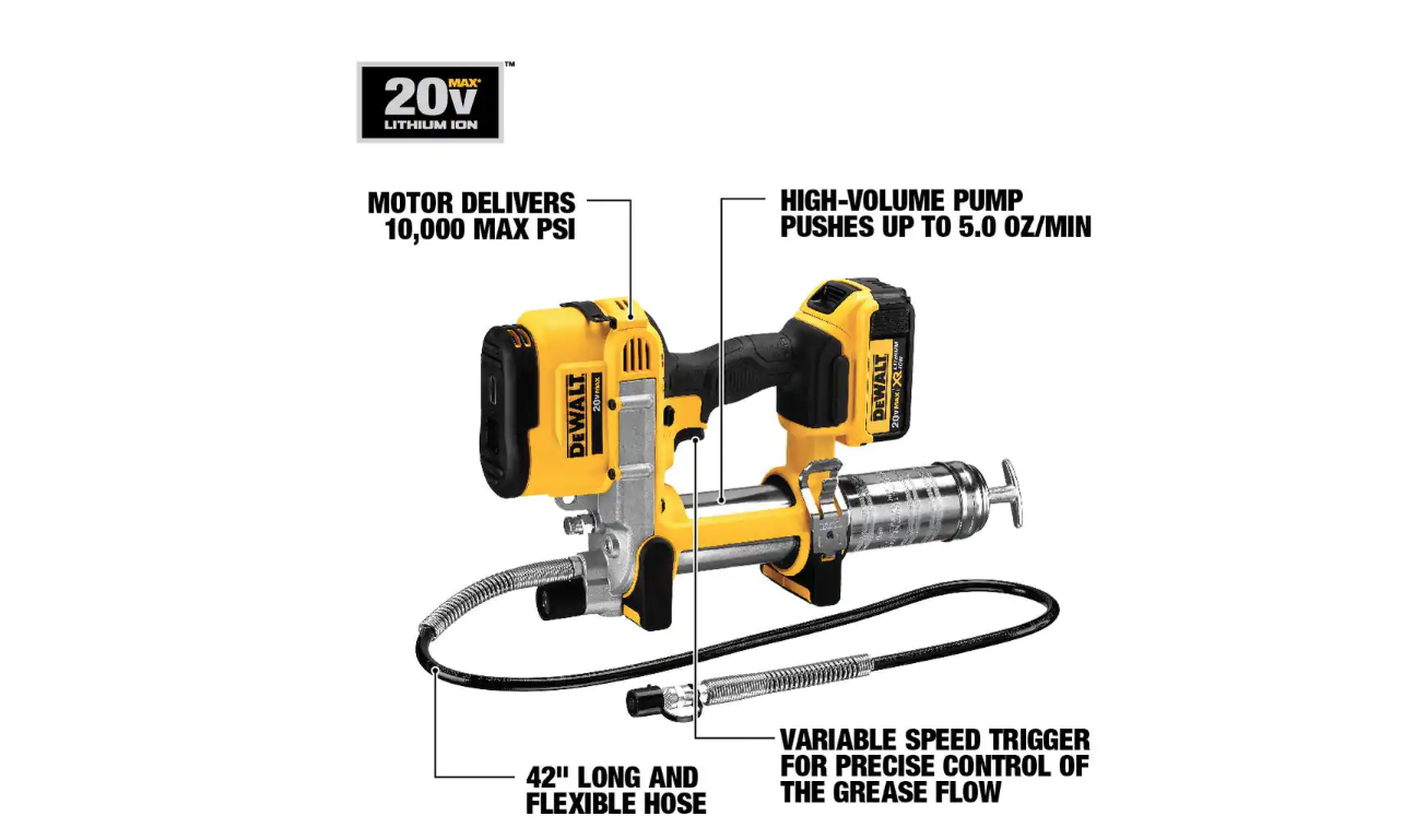 DEWALT DCGG571M1 20-Volt MAX Cordless 10.000 PSI Variable Speed Grease Gun. (1) 20-Volt 4.0Ah Battery & Charger