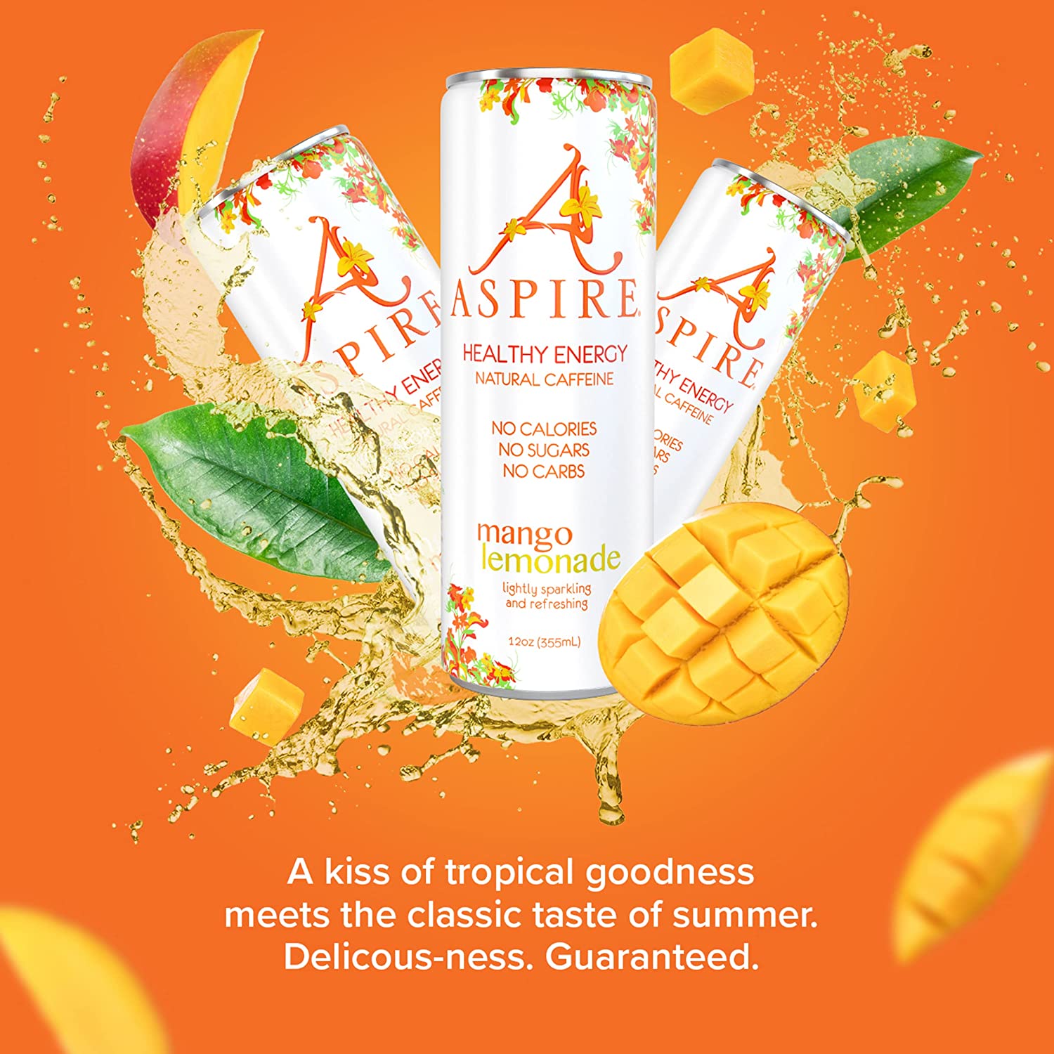 Aspire Healthy Energy Drink. Mango Lemonade (Pack of 12) 12 oz Cans. Natural Caffeine and Zero Sugar. Coffee Substitute. Vitamins B & C. Keto. Vegan. and Kosher Friendly
