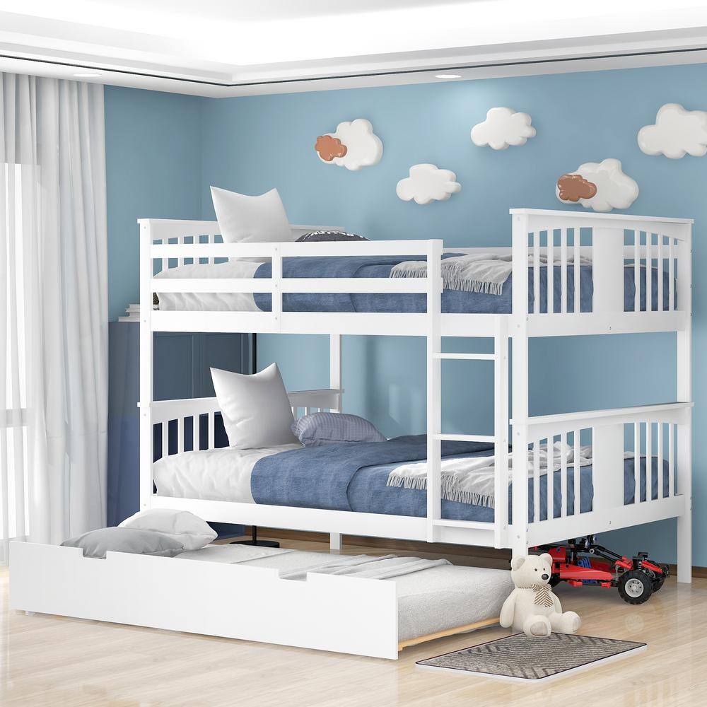 Harper & Bright Designs  White Full Wood Bunk Bed with Twin Size Trundle and Ladder