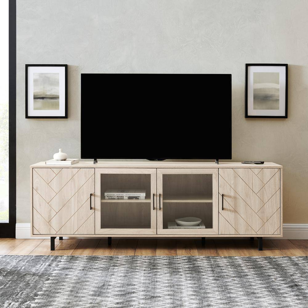Welwick Designs  70 in. Birch Wood and Glass Modern Herringbone TV Stand with 4-Drawers (Max tv size 80 in.)