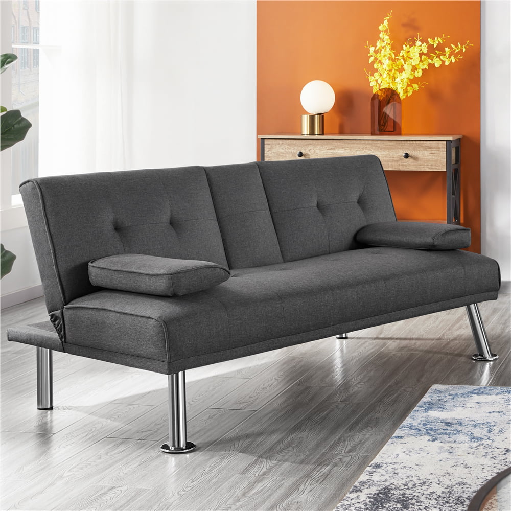 Alden Design Modern Fabric Reclining Futon with Cupholders and Pillows. Gray