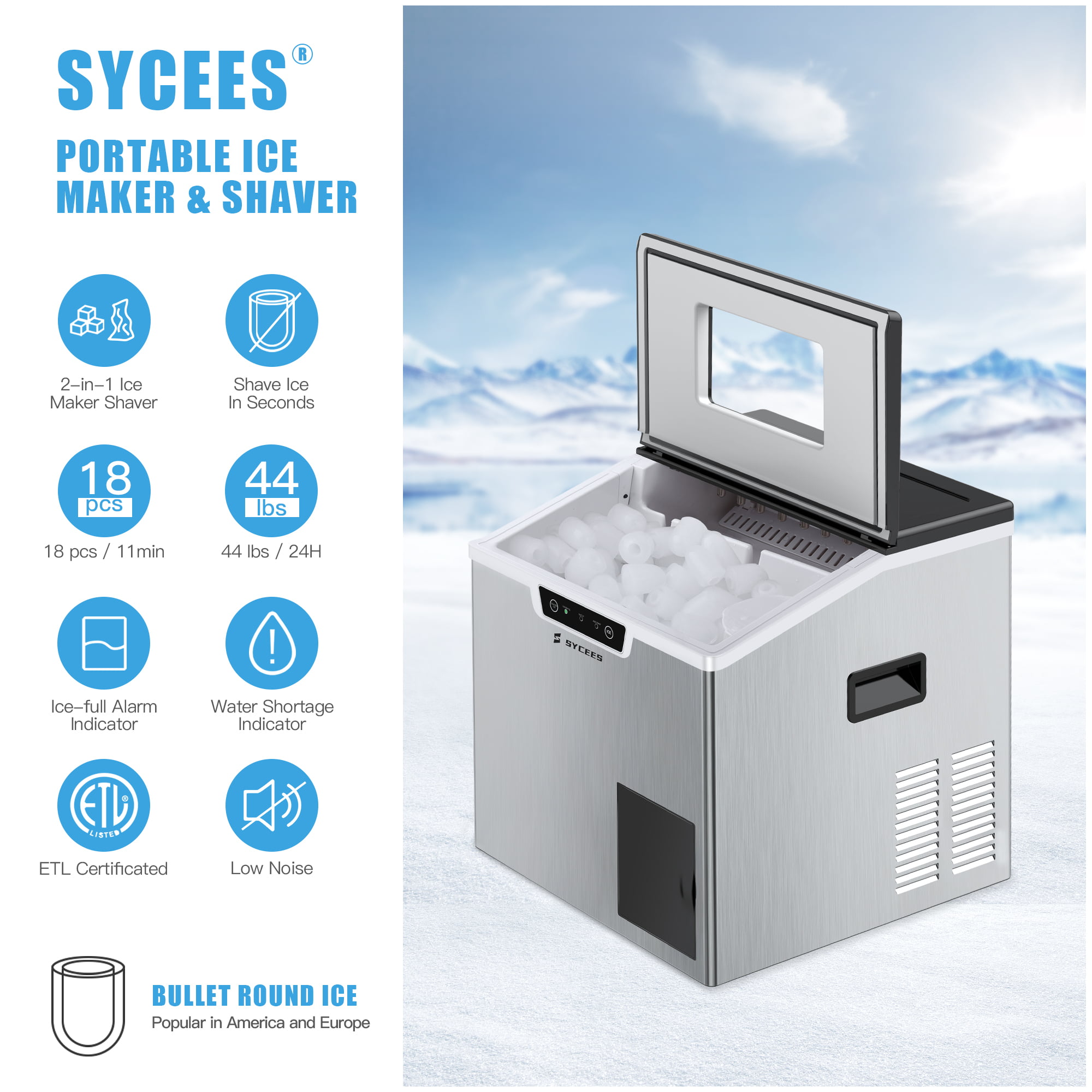Sycees 44Lbs/24H Ice Maker Shaver. 2-in-1 Ice Machine. Portable Countertop Bullet Ice Cube Maker & Shaver with Digital indicators. Intuitive Controls. Ice Scoop. Cup and Basket. Stainless Steel