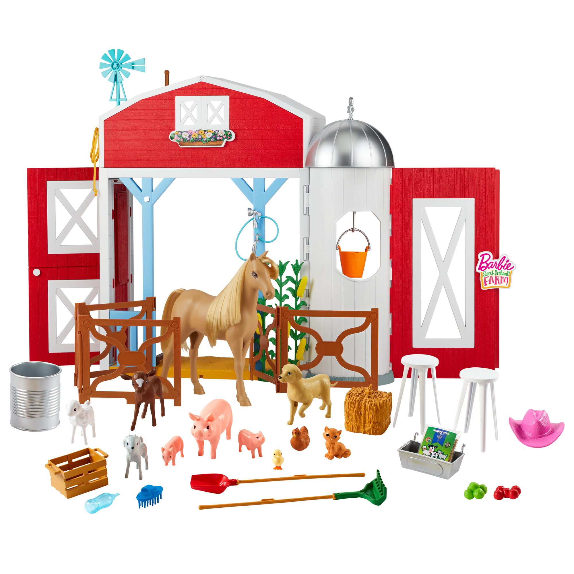 Barbie Sweet Orchard Farm Playset with Barn. Horse. 10 Farm Animals & 15 Accessories. Moving Pieces