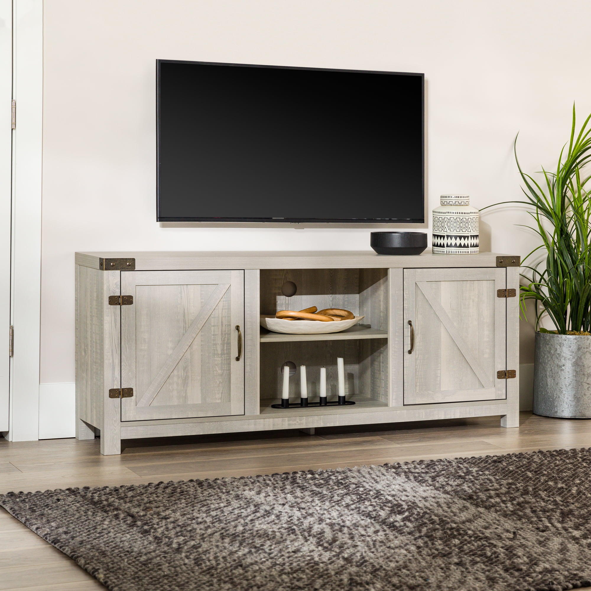 Woven Paths Modern Farmhouse Barn Door TV Stand for TVs up to 65″. Stone Grey