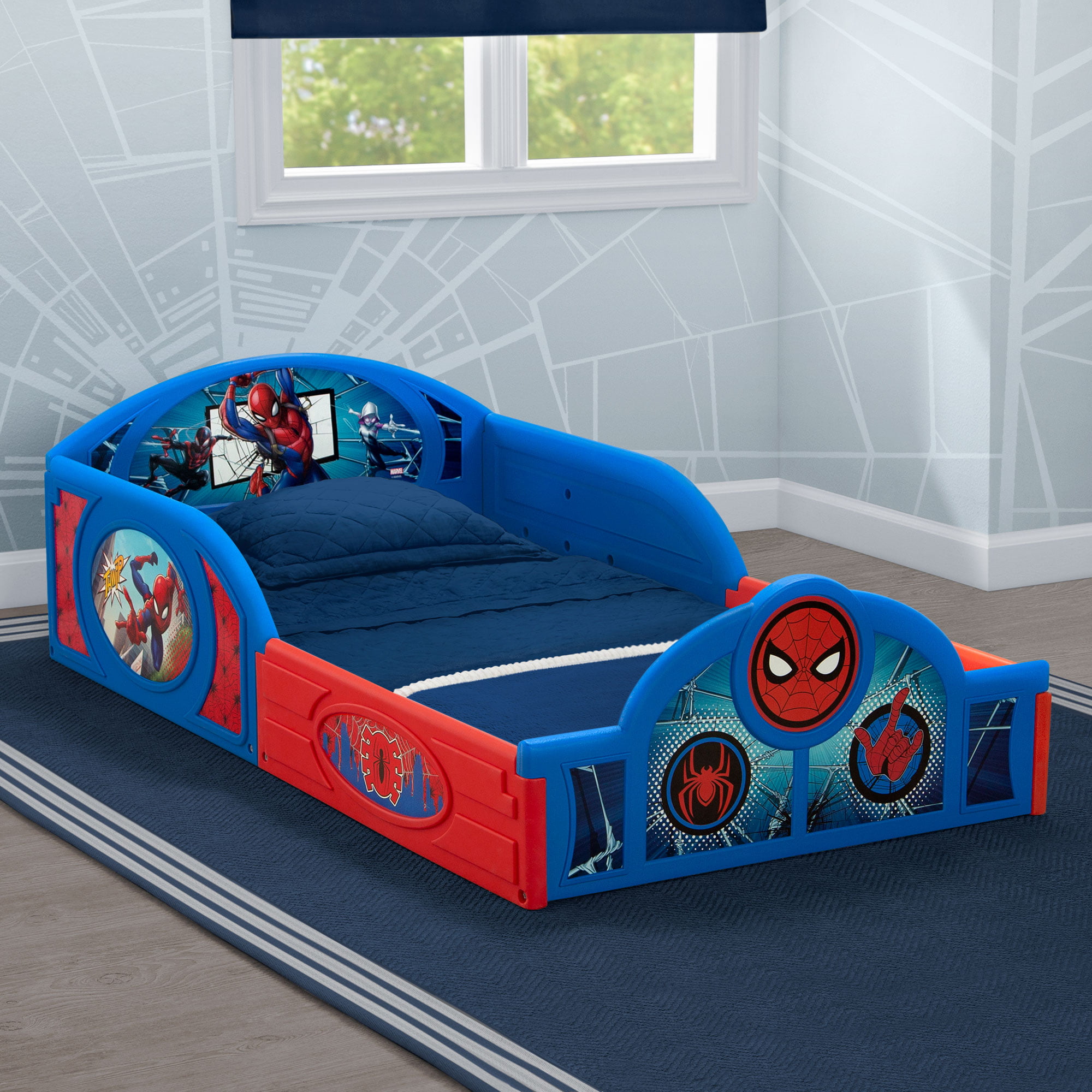 Marvel Spider-Man Sleep and Play Toddler Bed with Built-In Guardrails by Delta Children
