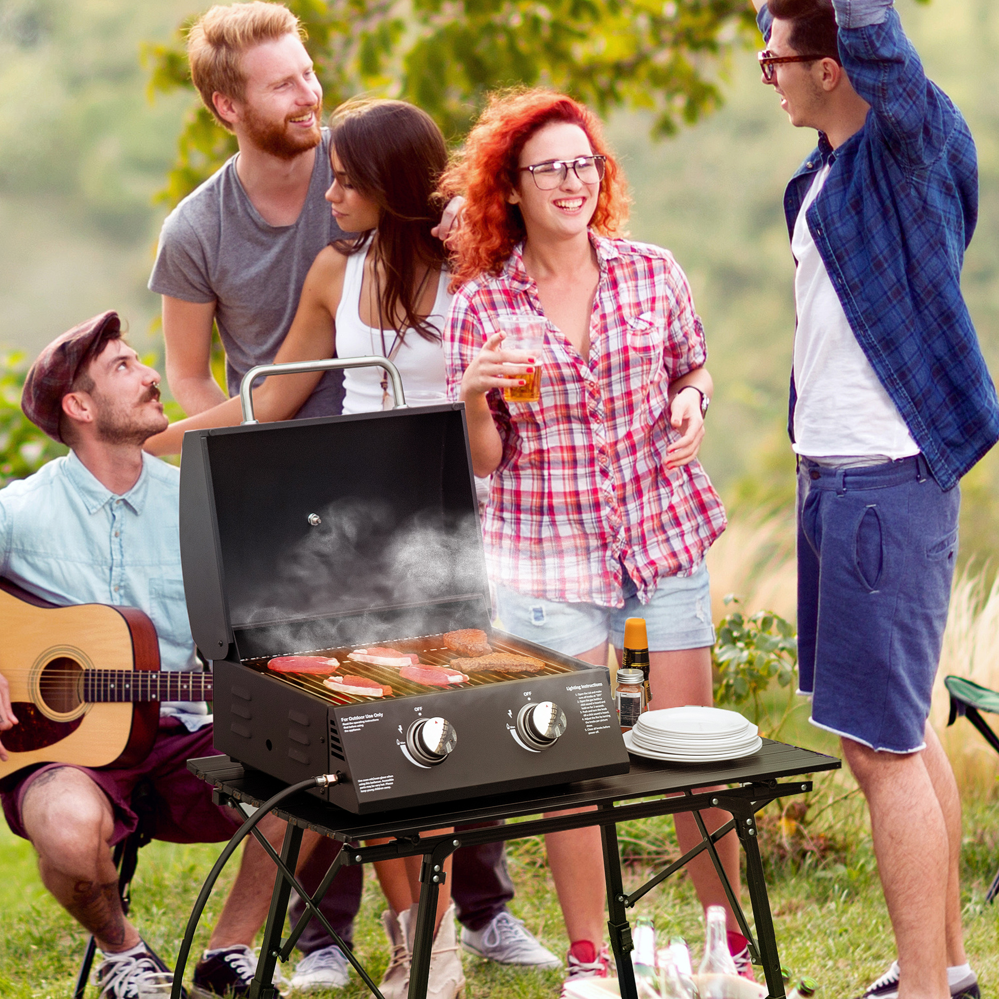 Outsunny 2 Burner Propane Gas Grill Outdoor Portable Tabletop BBQ with Foldable Legs. Lid. Thermometer for Camping. Picnic. Backyard. Black