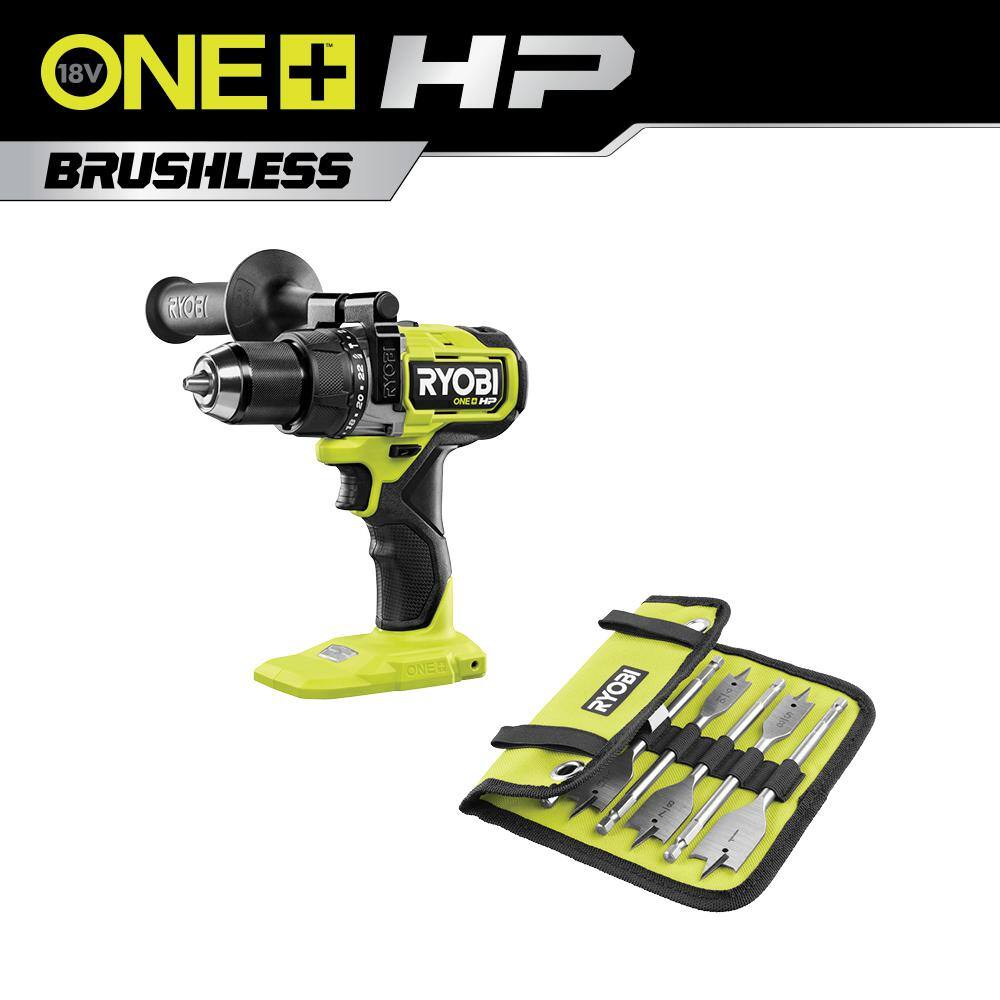 RYOBI PBLHM101B-A971001 ONE+ HP 18V Brushless Cordless 1/2 in. Hammer Drill (Tool Only) with 10-Piece Wood Spade Bit Set