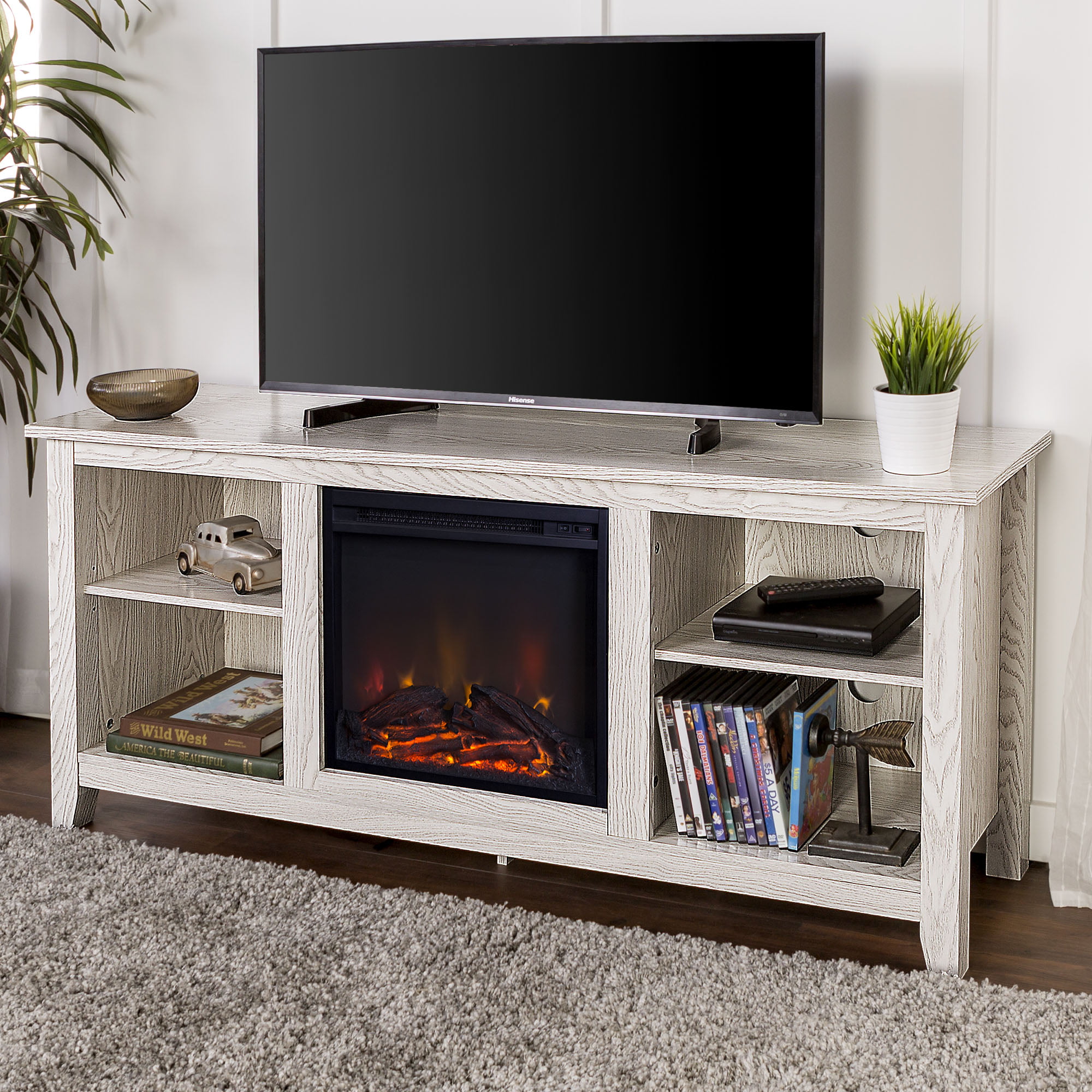 Walker Edison Traditional Fireplace TV Stand for TVs Up to 64″ - Whitewash