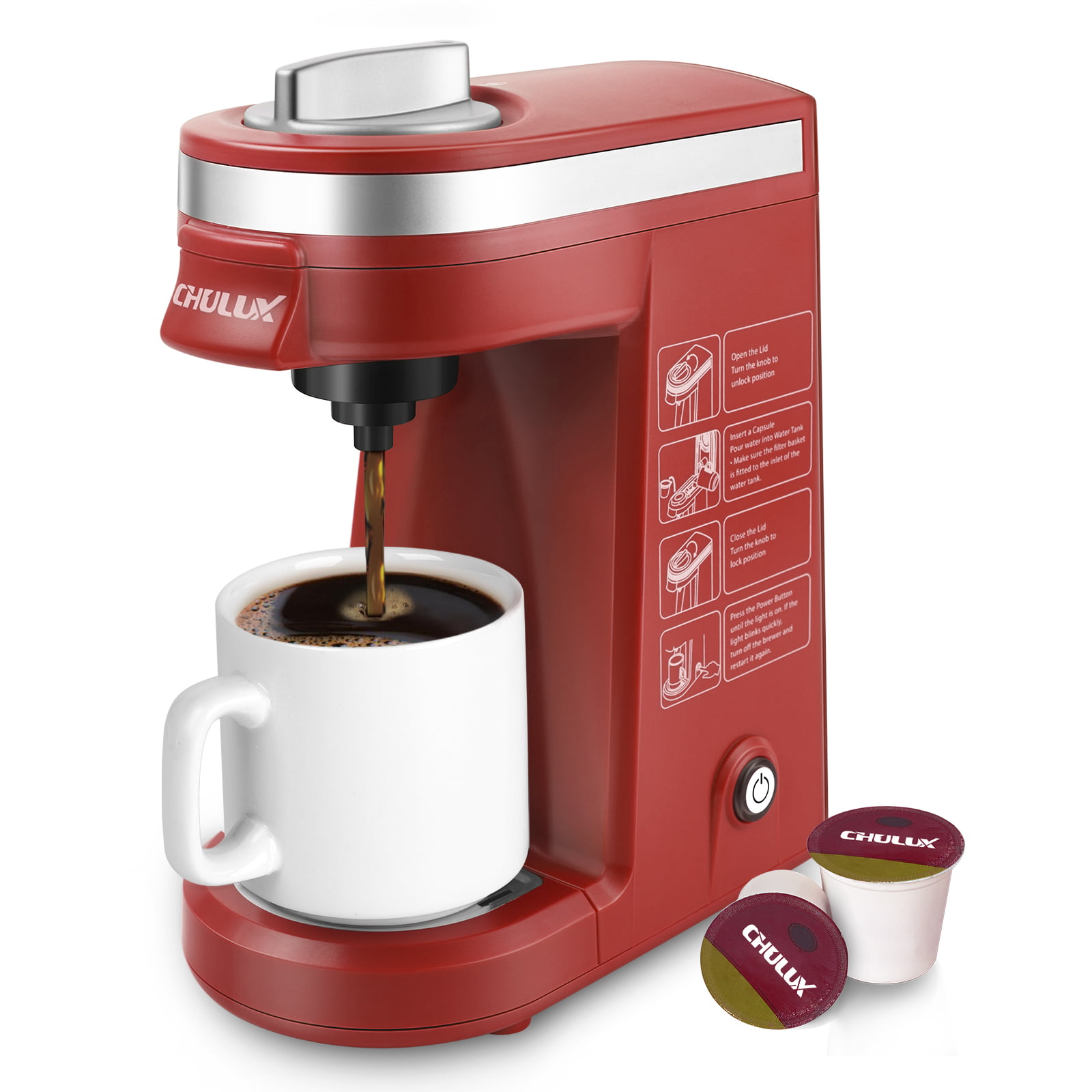 CHULUX Single Serve Coffee Maker. Fast Brewing Coffee Machine for K Cup Pod Capsule and Ground Coffee with Water Filter. 5-12 Ounce. Red