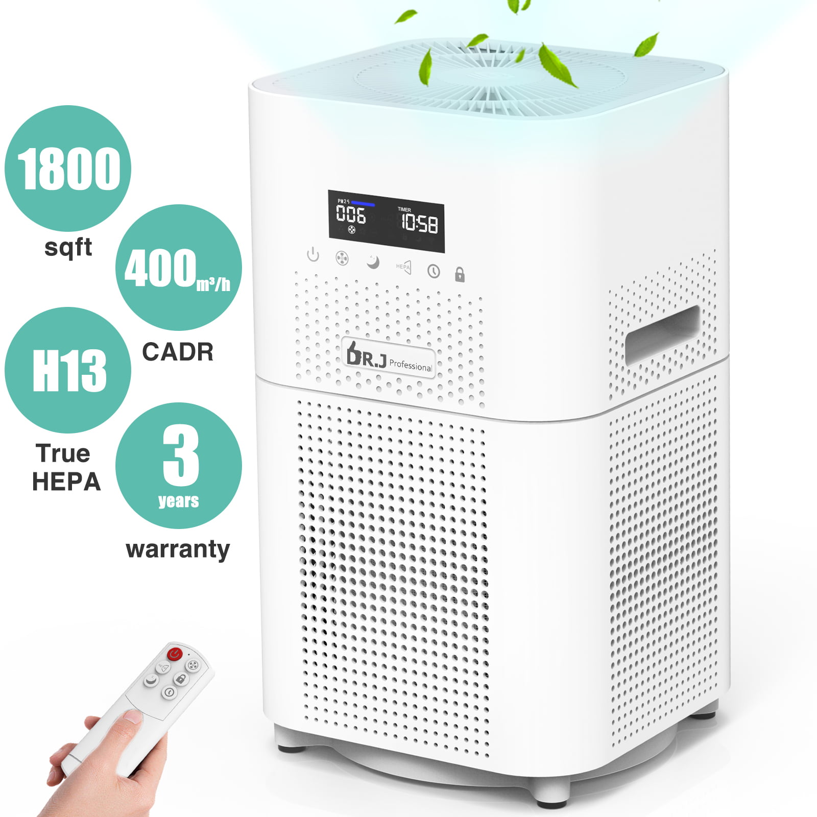 DR.J Professional Air Purifier for Home Large Room. 1800 sq. ft. H13 True HEPA Filter. 4-Stage Auto Mode 12H Timer