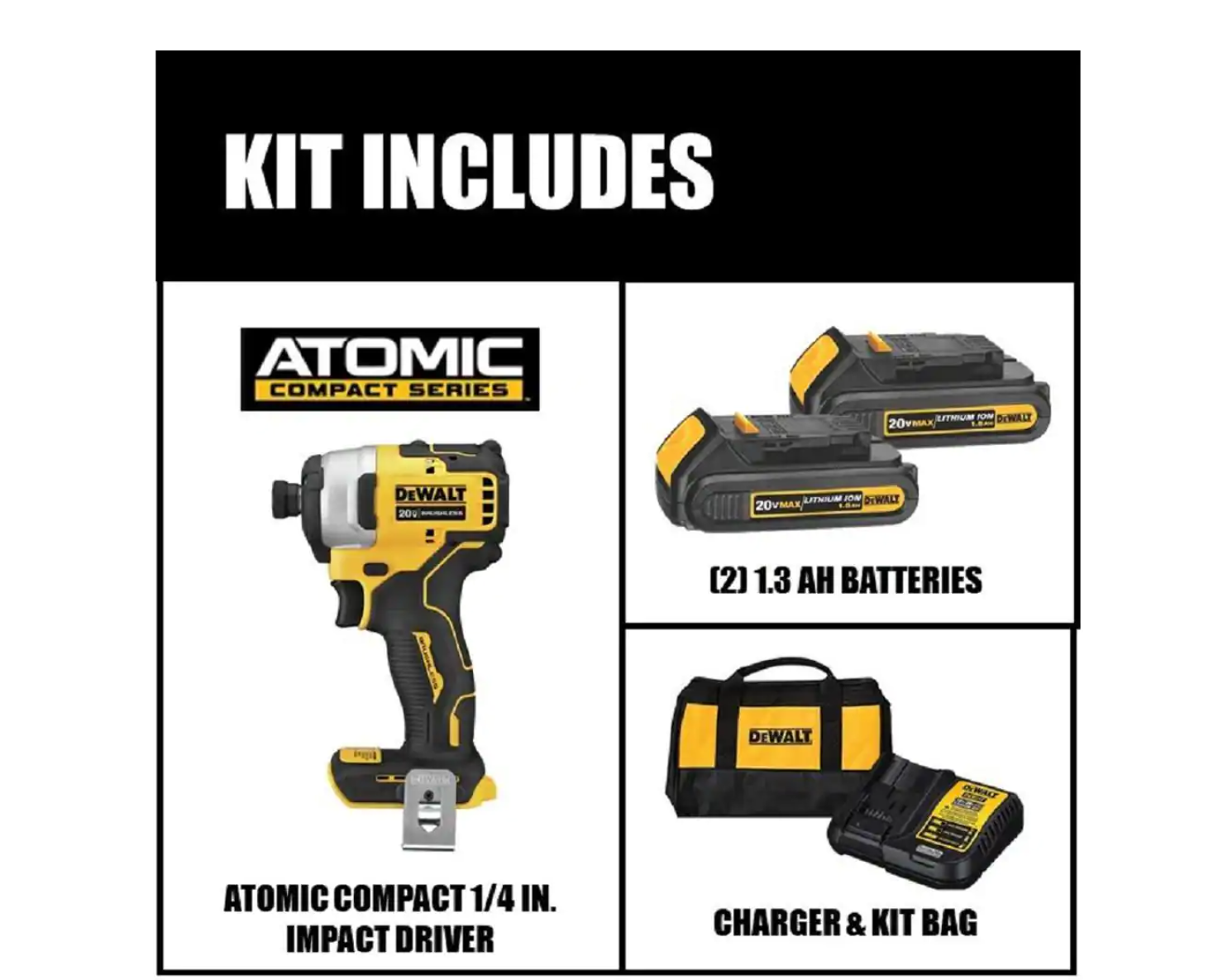 DEWALT DCF809C2 ATOMIC 20-Volt MAX Cordless Brushless Compact 1/4 in. Impact Driver. (2) 20-Volt 1.3Ah Batteries. Charger & Bag