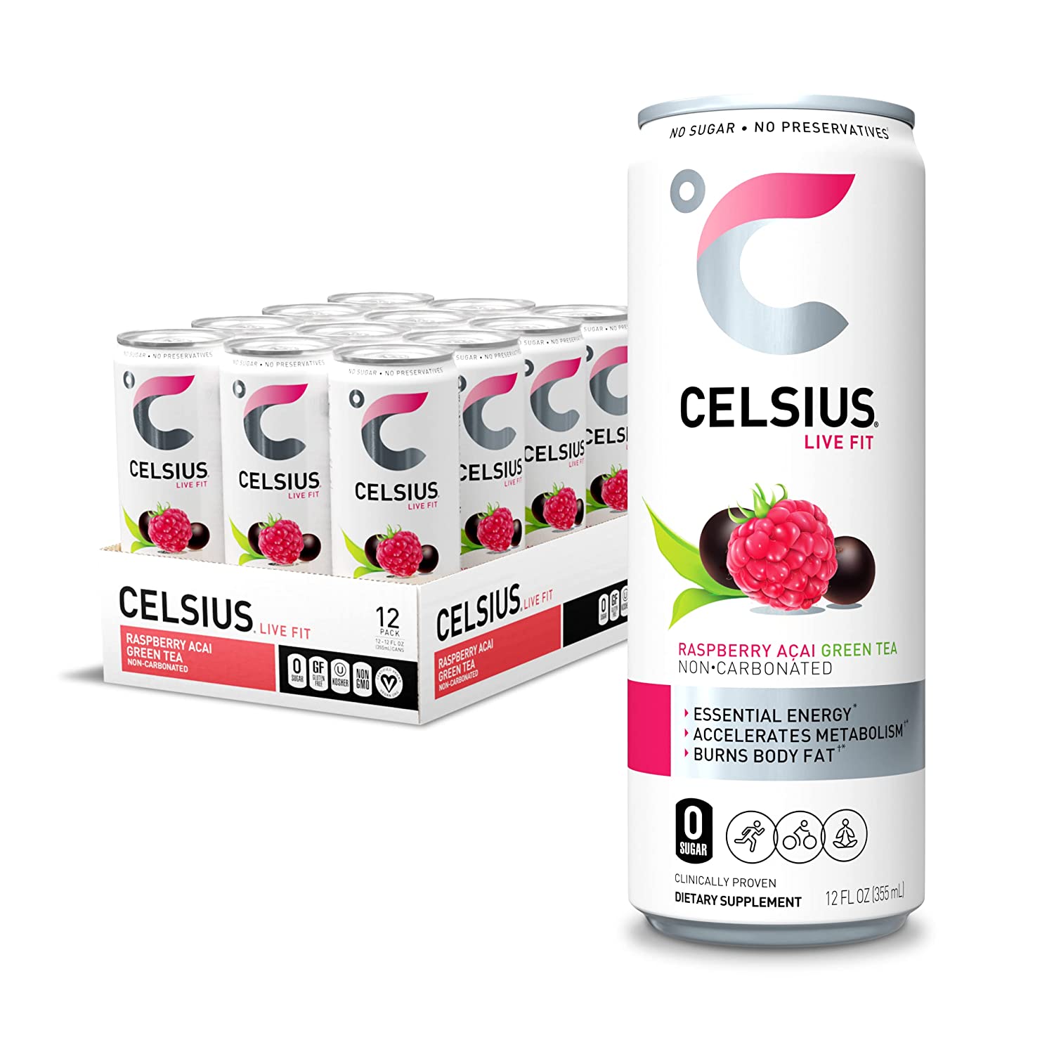 CELSIUS Essential Energy Drink. Raspberry Acai Green Tea. 12 Fl Oz (Pack of 12)