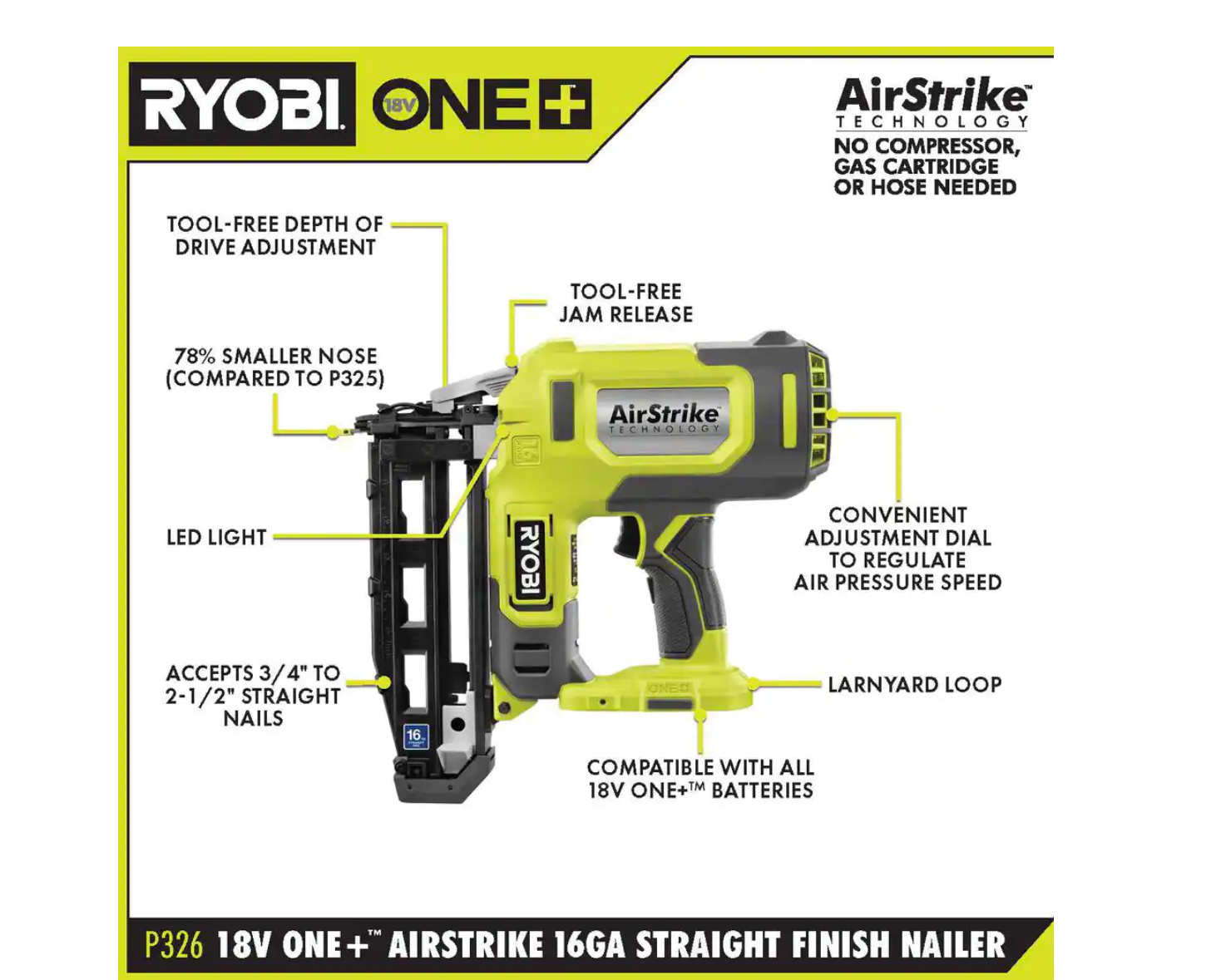 RYOBI P326 ONE+ 18V 16-Gauge Cordless AirStrike Finish Nailer (Tool Only)