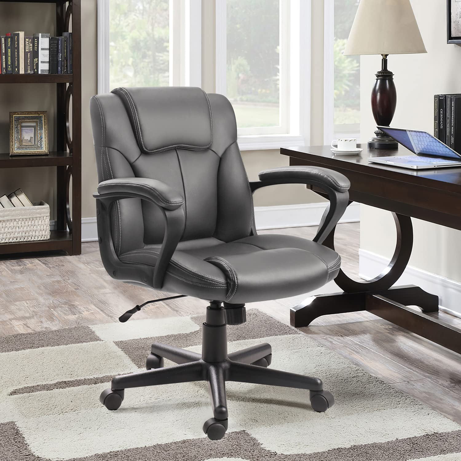 Lacoo Faux Leather Mid-Back Executive Office Desk Chair with Lumbar Support. Gray