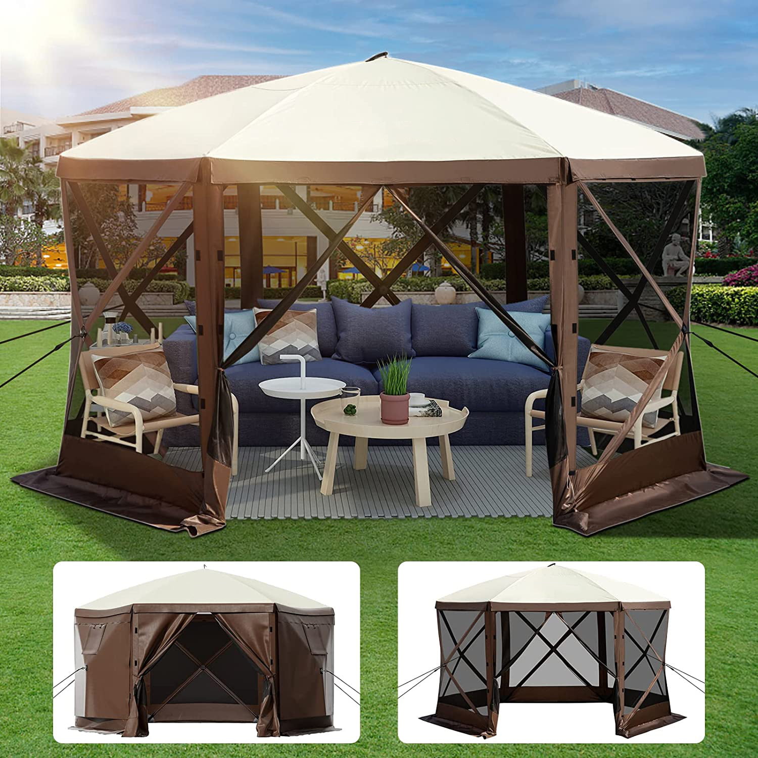 VEVORbrand Camping Gazebo Tent. 10-x10′. 6 Sided Pop-up Canopy Screen Tent for 8 Person Camping
