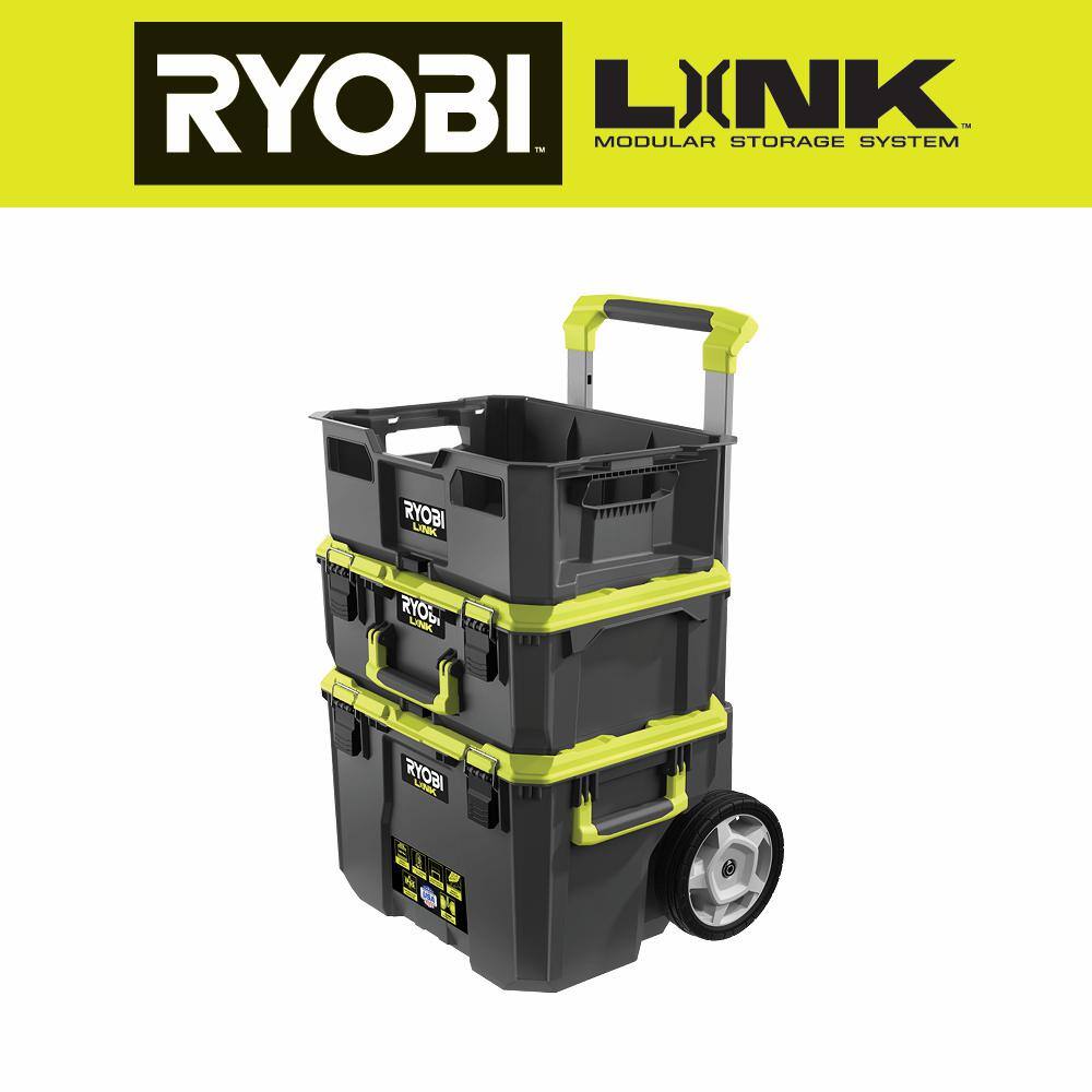 RYOBI STM201-STM102-STM104 LINK Rolling Tool Box with LINK Medium Tool Box and LINK Tool Crate
