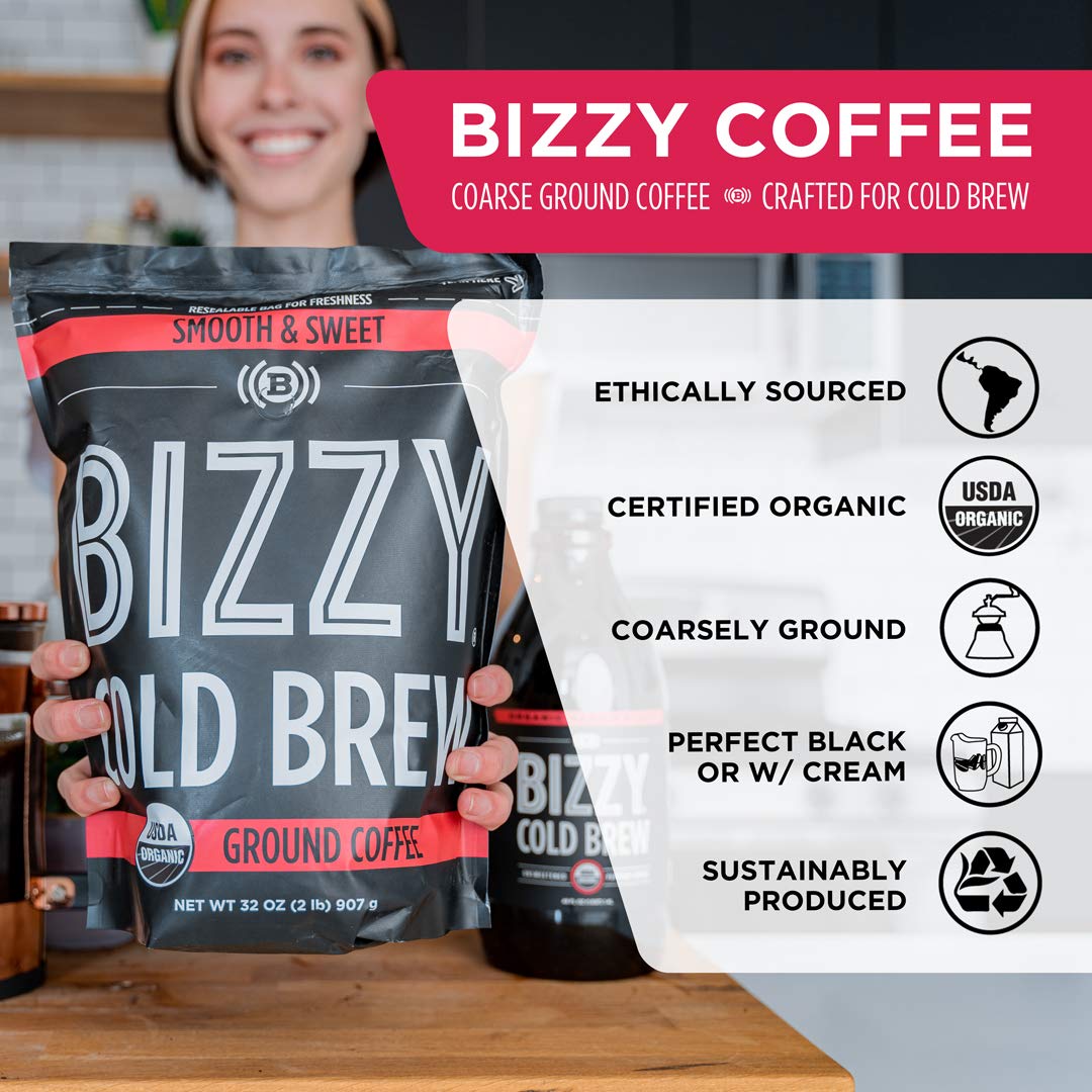Bizzy Organic Cold Brew Coffee | Smooth & Sweet Blend | Coarse Ground Coffee | Micro Sifted | Specialty Grade | 100% Arabica | 2 LB
