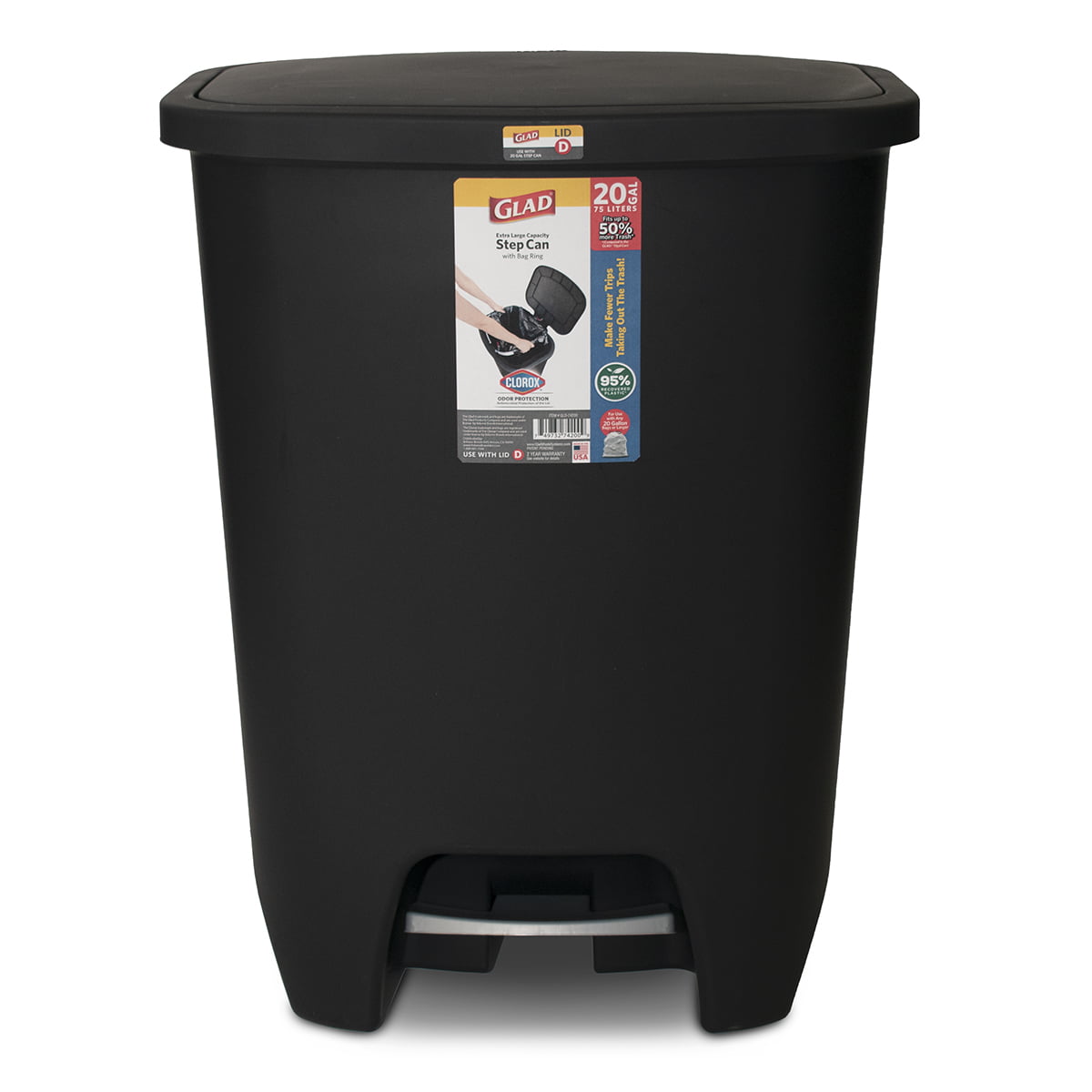 GLAD 20 gal Plastic Kitchen Step On Garbage Can. Black