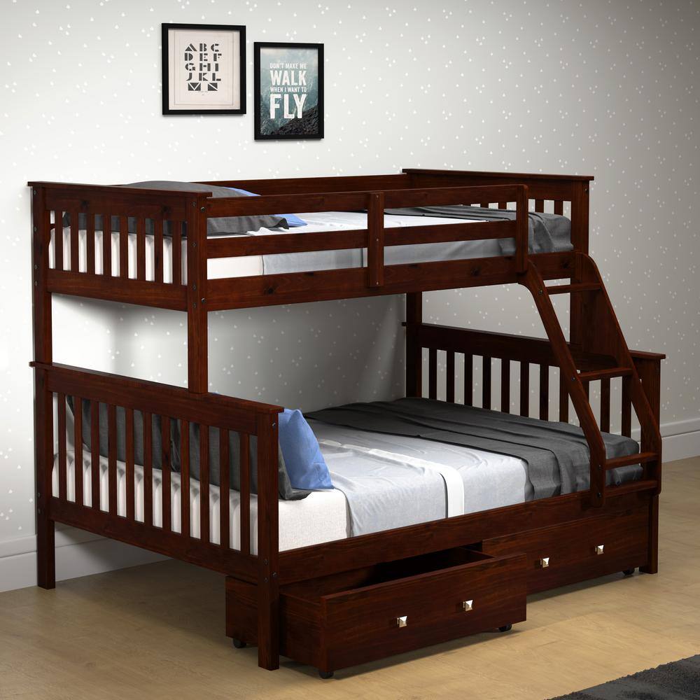 Donco Kids  Dark Cappuccino Brown Pine Wood Twin & Full Mission Bunk Bed with Dual Underbed Drawers
