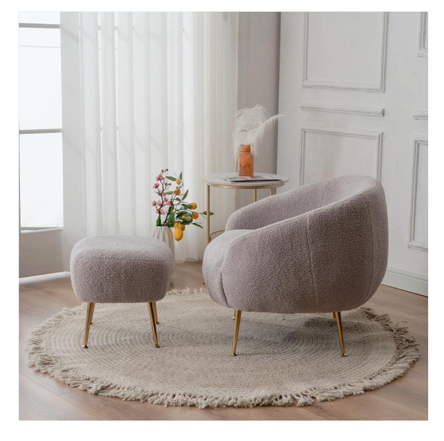 DISCOUNTTODAY FCH Faux Fur Barrel Accent Chair with Ottoman for Bedroom Living Room Guestroom. Dark Grey