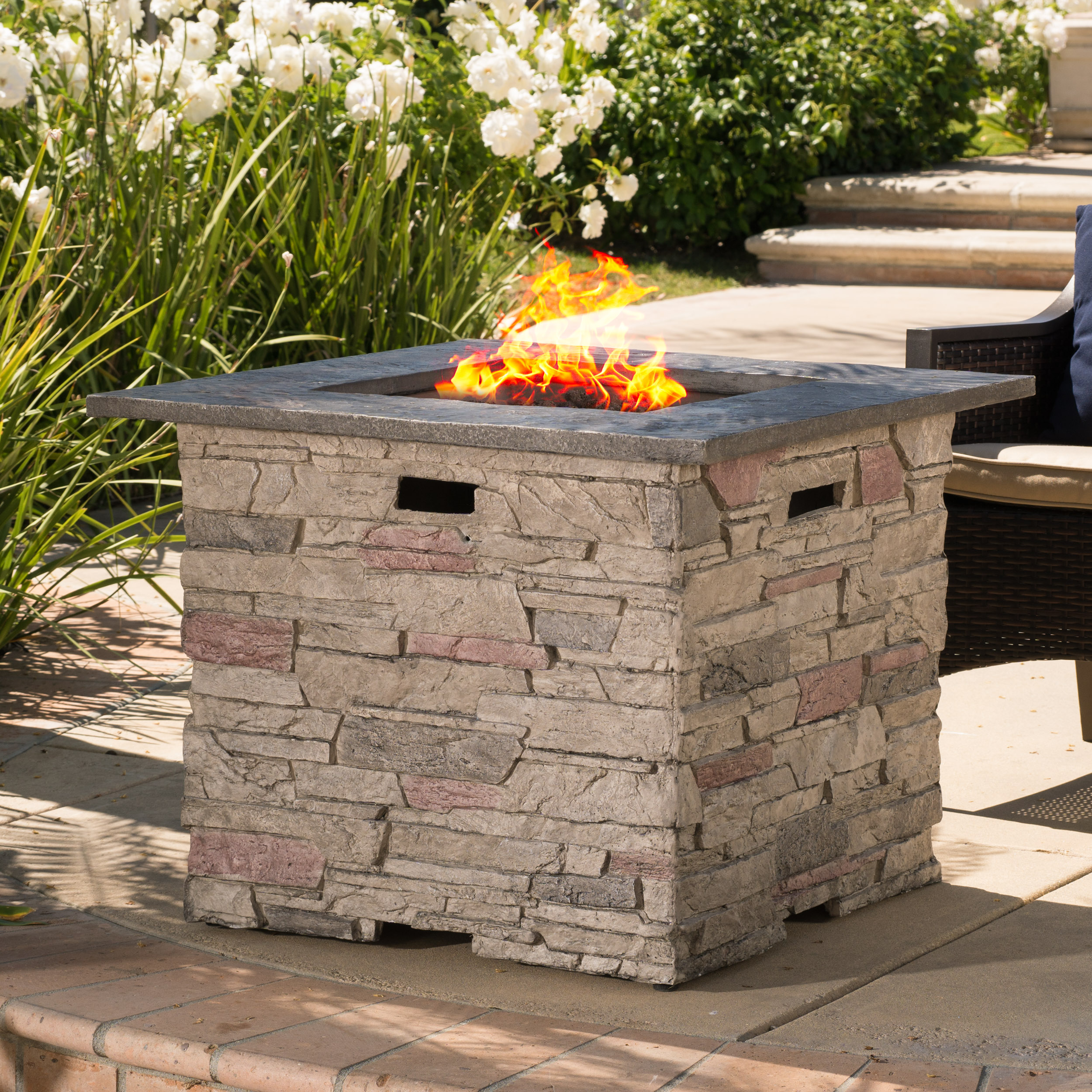 Awalua 32″ Square MGO Fire Pit with Grey Top - 40.000 BTU. Natural Stone