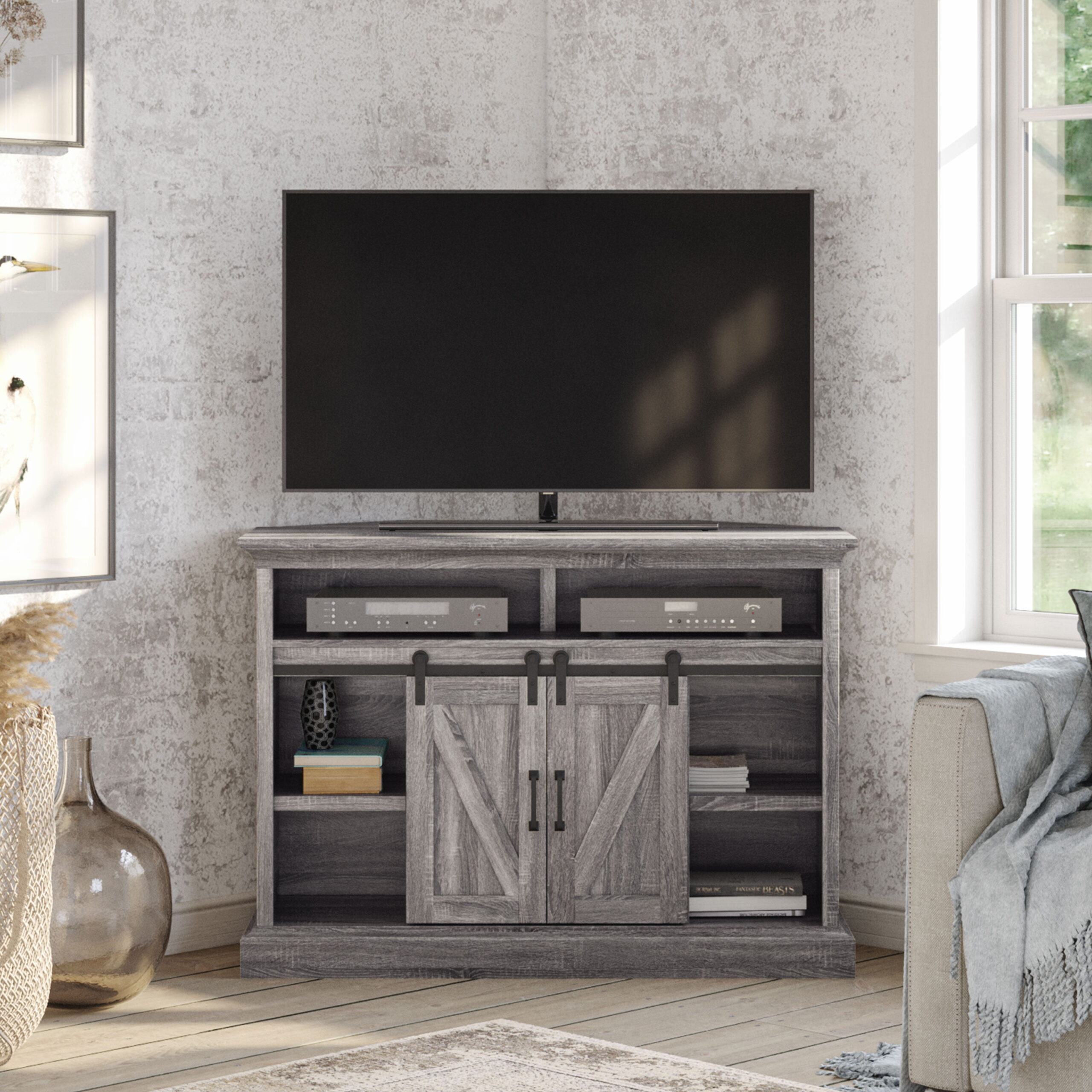 Whalen Allston Barn Door Corner TV Stand for TVs up to 55″. Gray