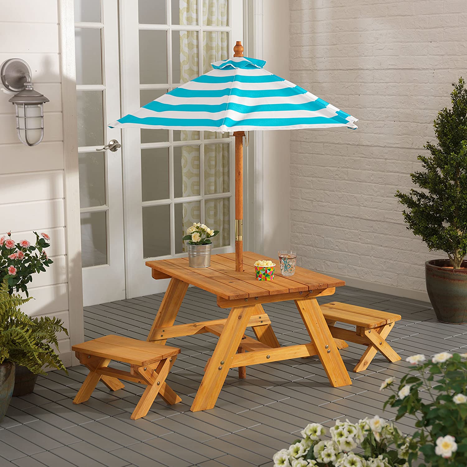 KidKraft Outdoor Wooden Table & Bench Set with Striped Umbrella. Children-s Backyard Furniture. Turquoise and White. Gift for Ages 3-8