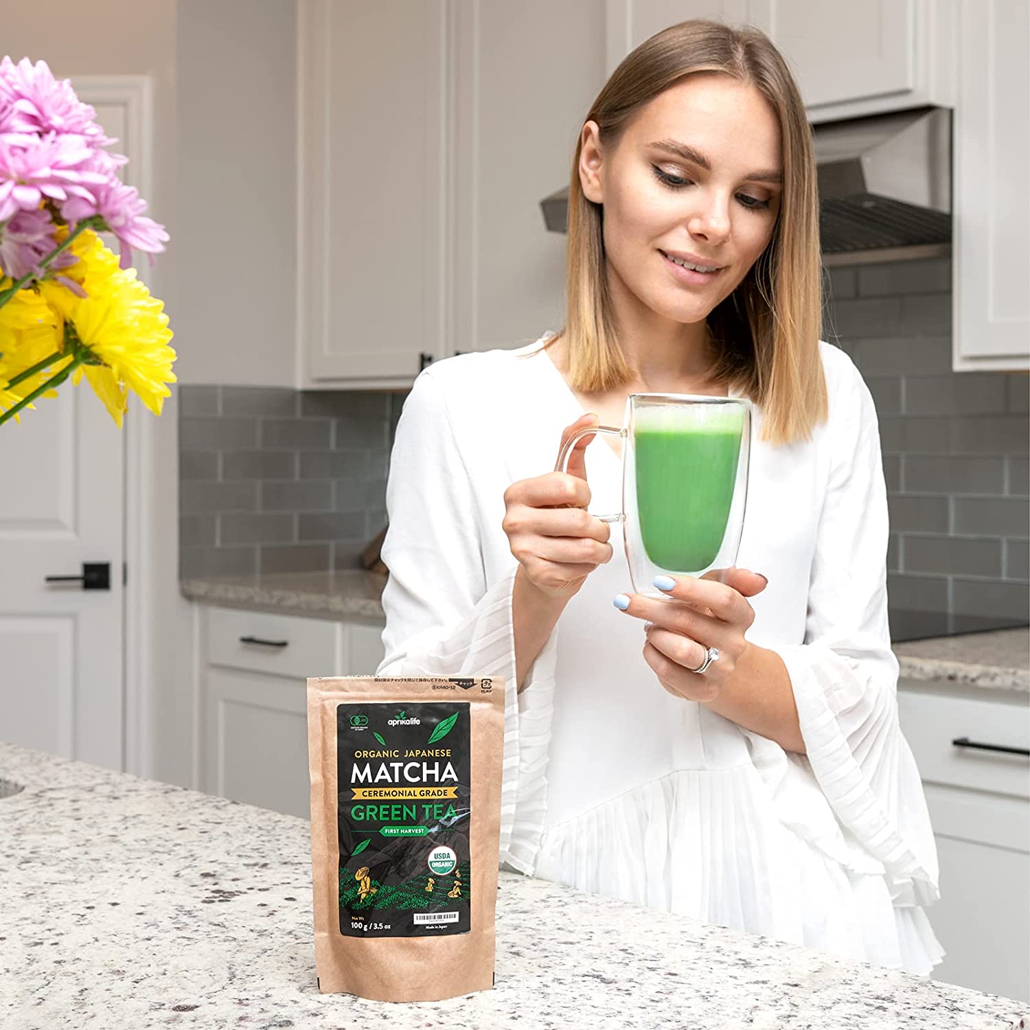 AprikaLife Premium Matcha Green Tea Powder - Organic Japanese Origin Ceremonial Grade Matcha - First Harvest from Japan - 3.5 Ounce - Japanese Macha Tea