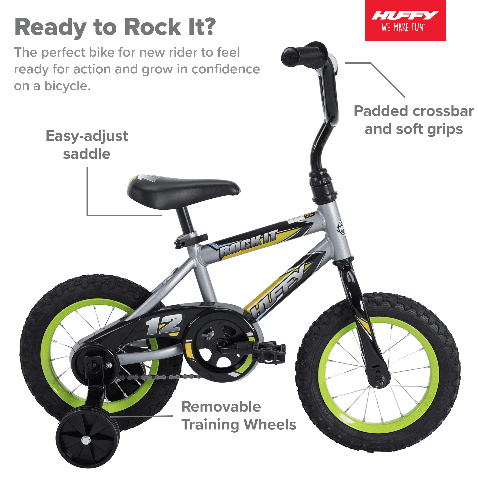 Huffy 12 in. Rock It Boy Kids Bike. Silver Matte and Lime