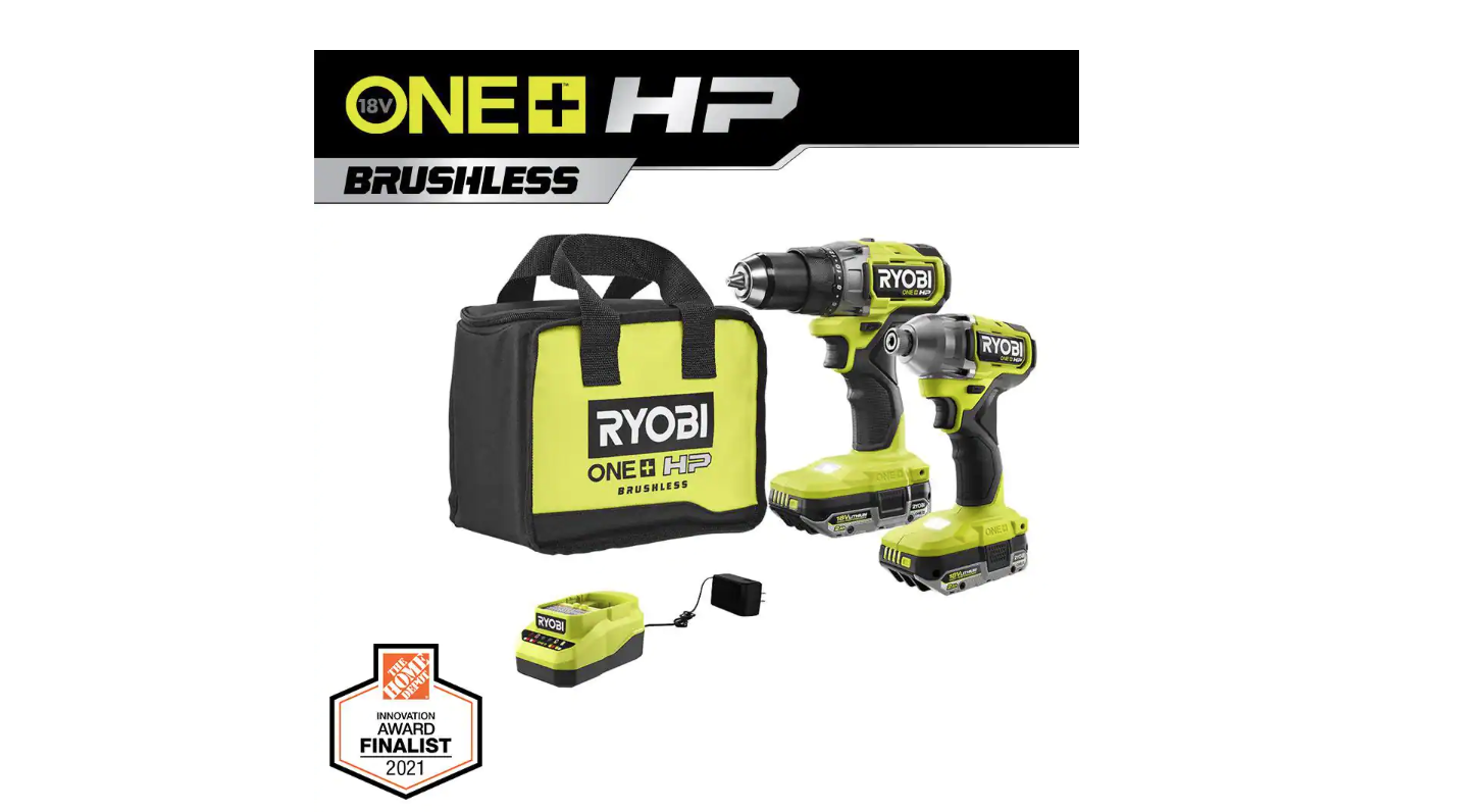 RYOBI PBLCK01K ONE+ HP 18V Brushless Cordless 1/2 in. Drill/Driver and Impact Driver Kit w/(2) 2.0 Ah Batteries. Charger. and Bag